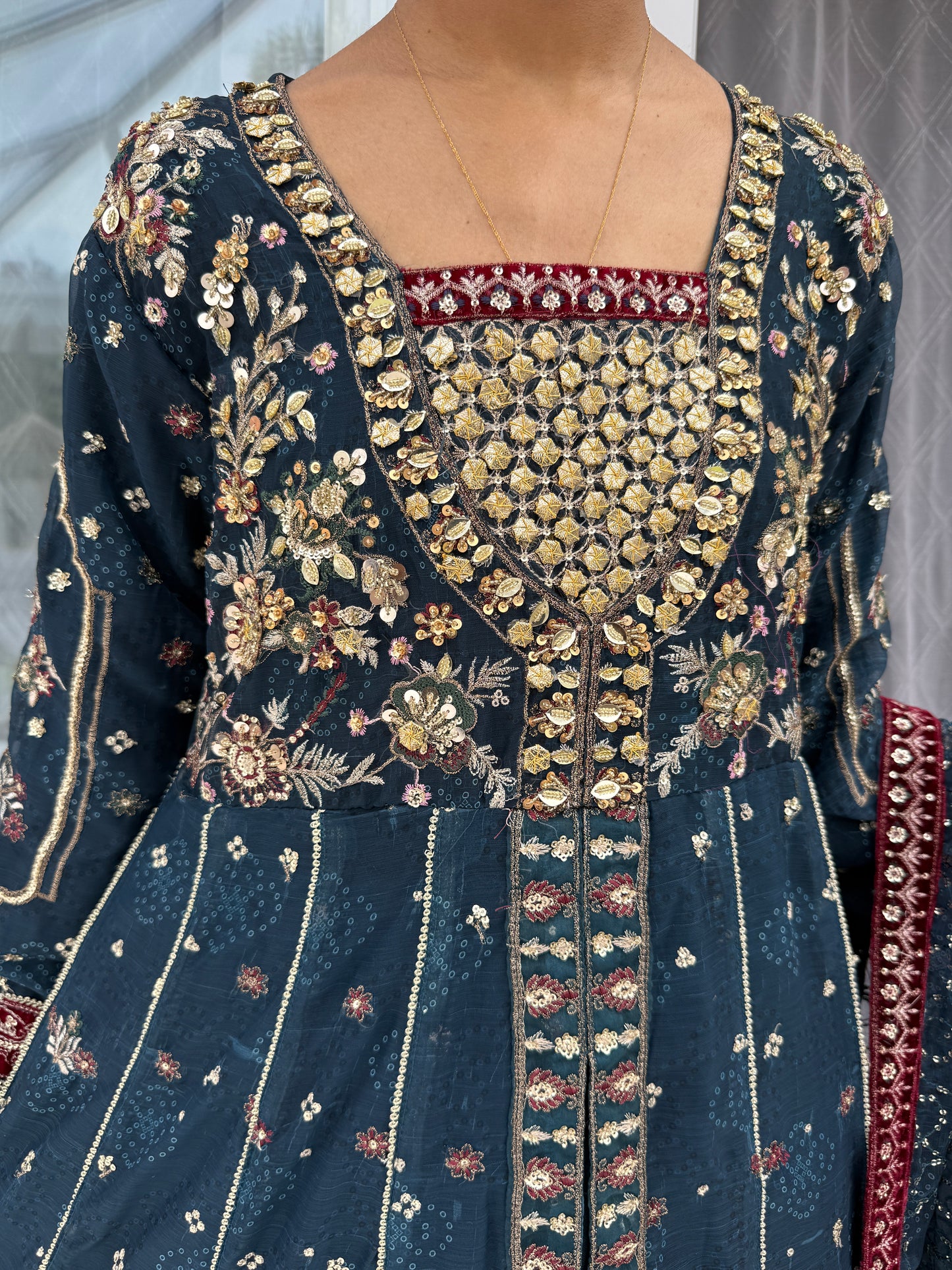 RANI TEAL - Embroidered double layered partywear dress