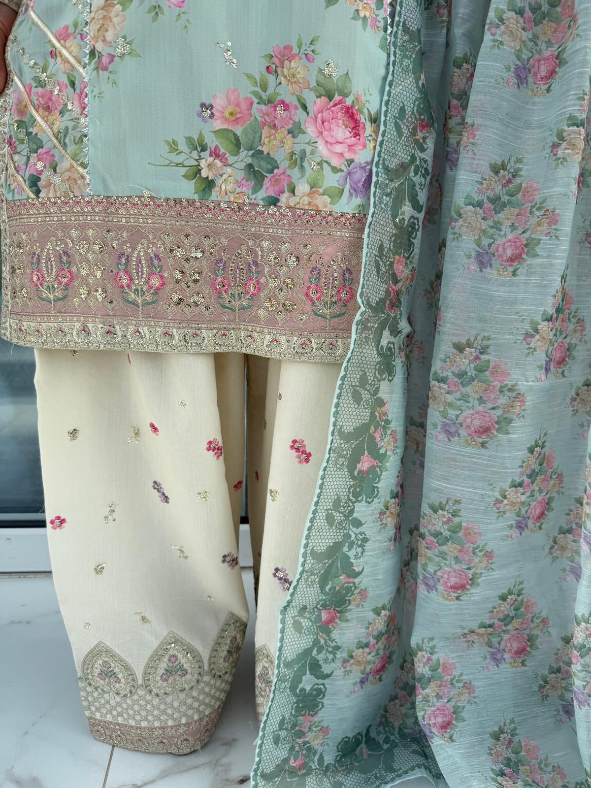 GULNOOR - Embroidered floral viscose kameez with embroidered farshi shalwar