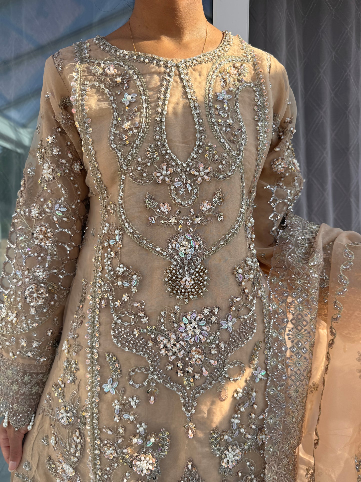 ANIQA WARM SAND - Embroidered organza kameez with handwork and Kali Sharara