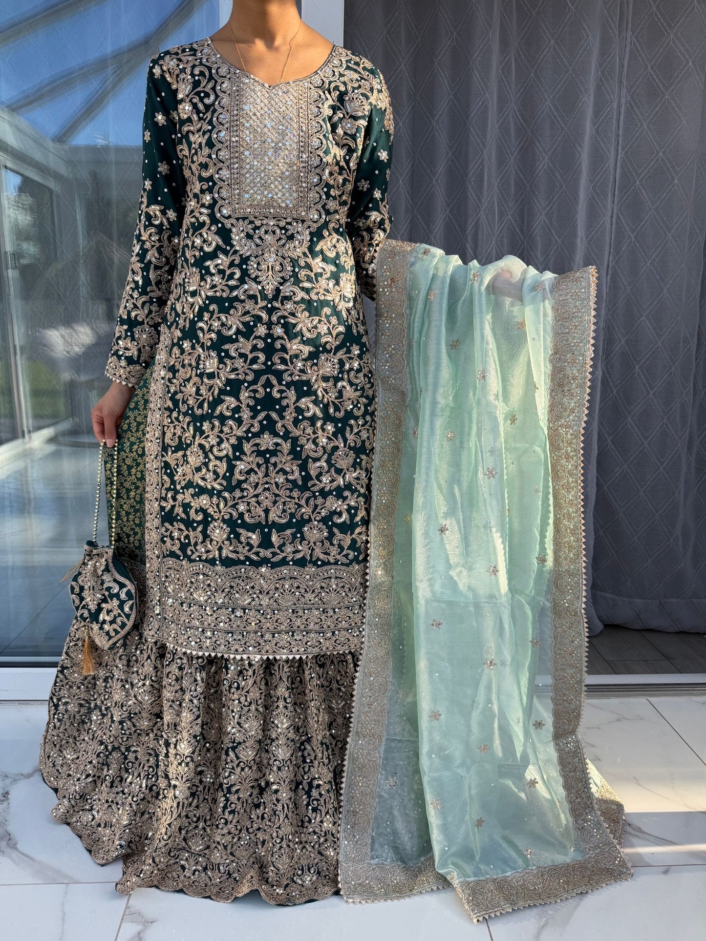 SANAYA - Luxury chiffon kameez with brocade lengha