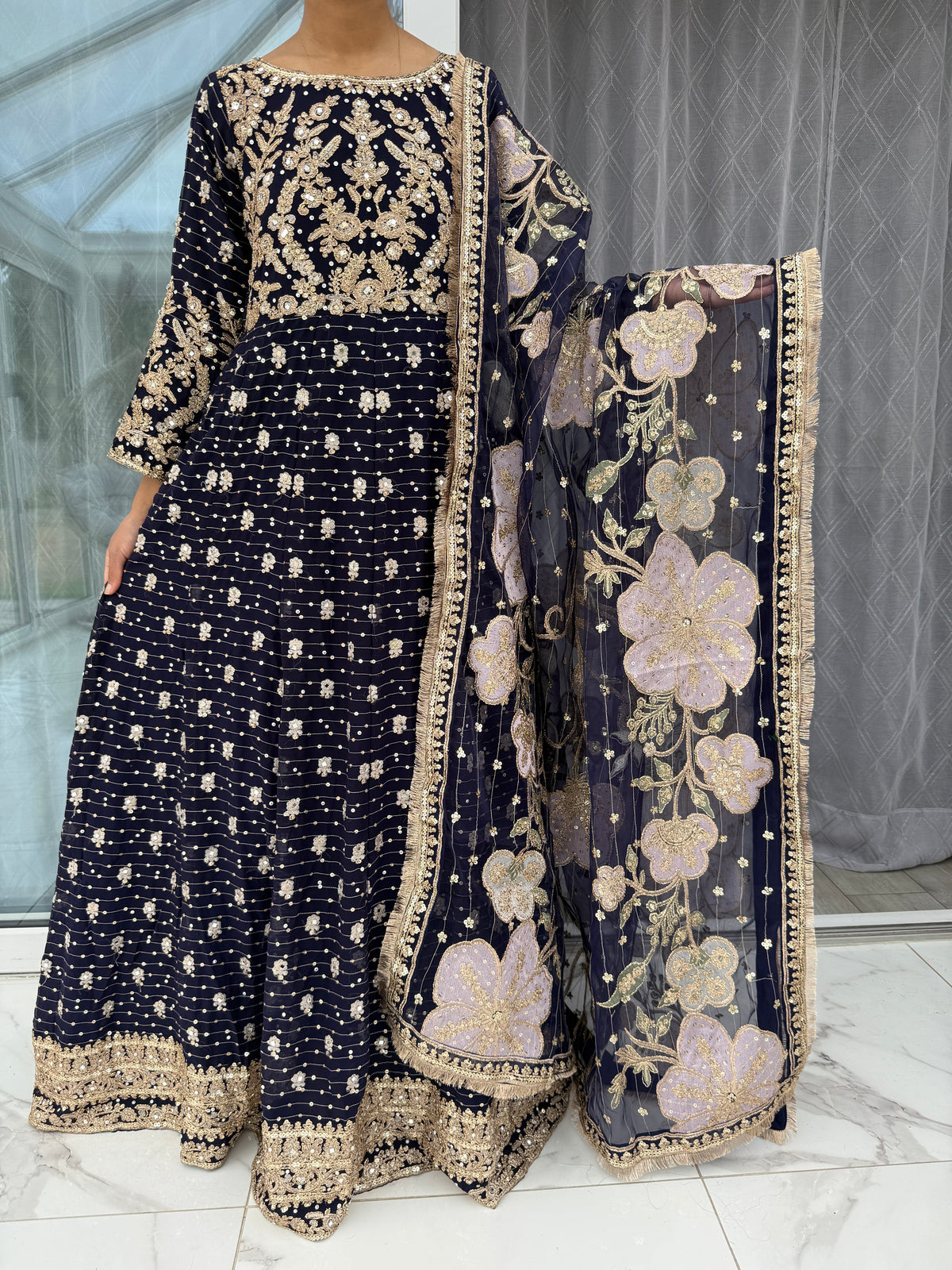KAINAZ NAVY BLUE - Embroidered chiffon partywear maxi dress