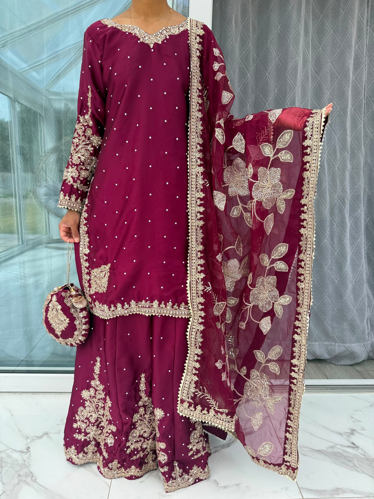 KASHISH - Embroidered silk kameez with sharara