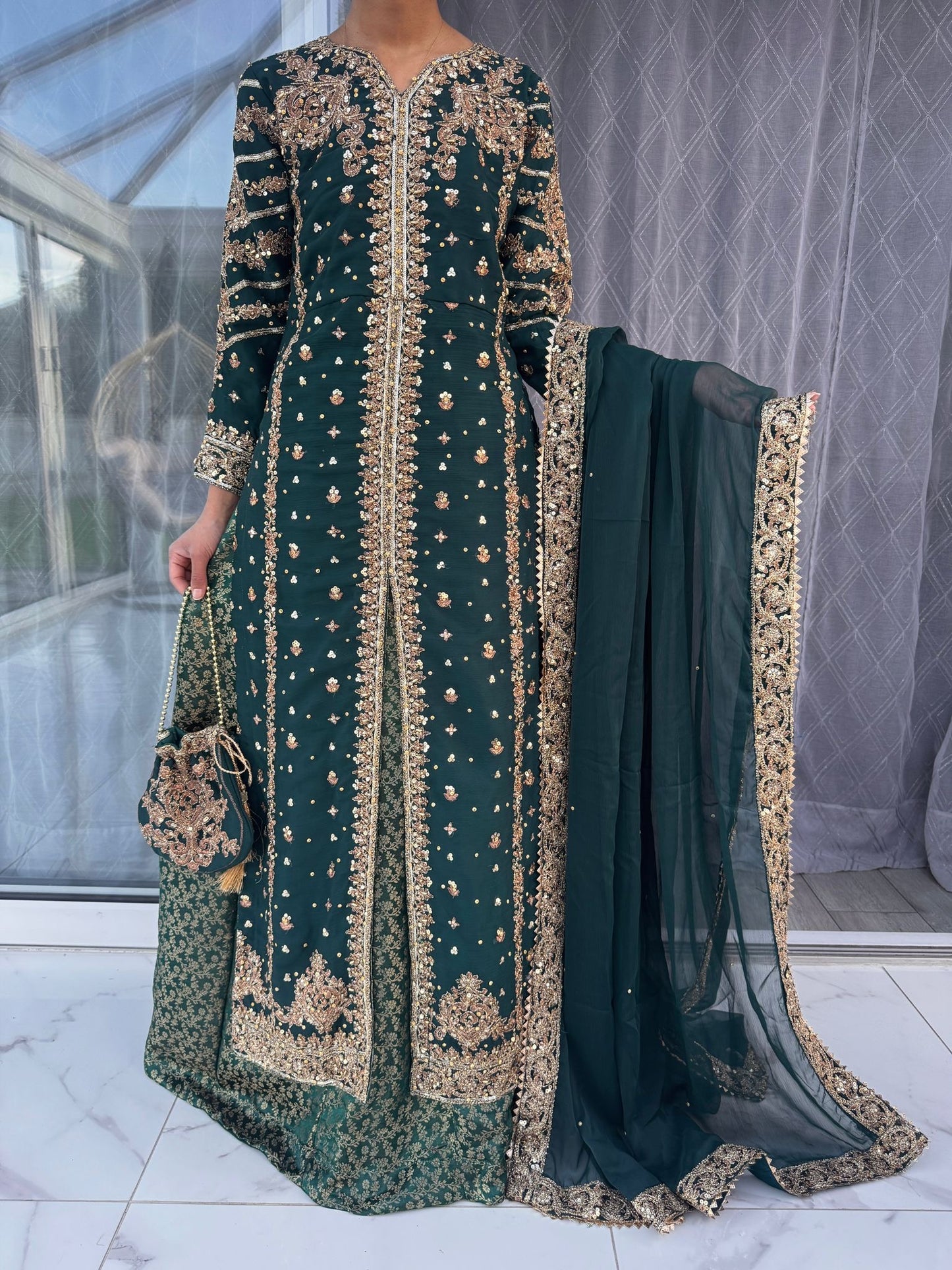 JANNAT DARK TEAL - Embroidered chiffon kameez with brocade lengha