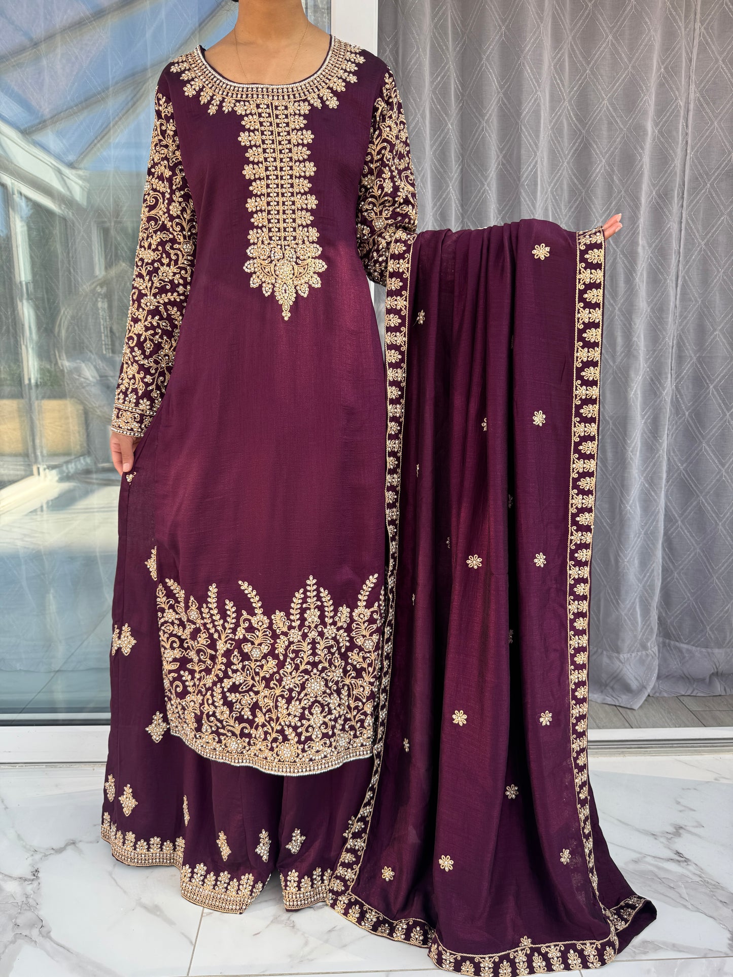 YASMIN - Embroidered raw silk kameez and sharara with diamanté