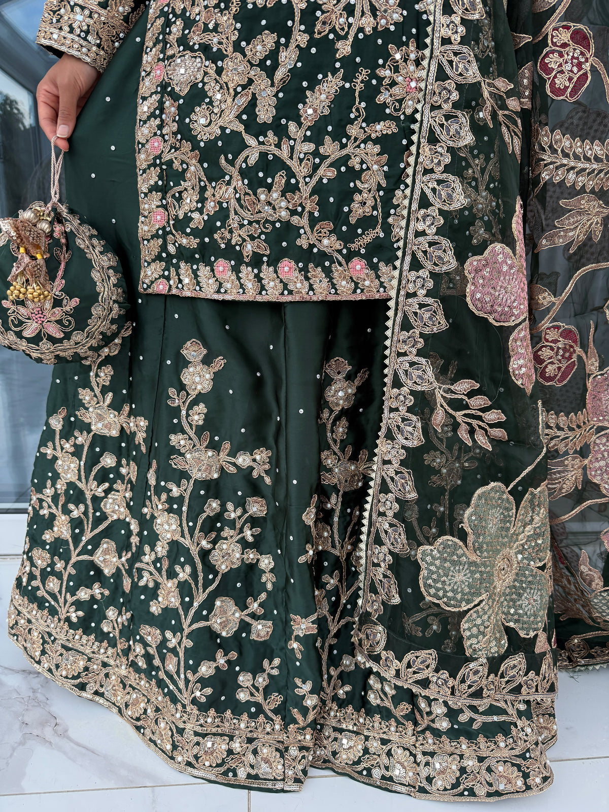 KHAANI DARK GREEN - Embroidered luxury silk kameez with Sharara