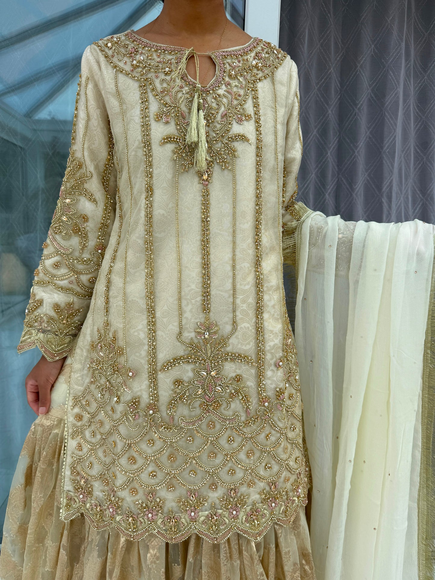 IZHAAR - Embellished organza kameez with brocade Gharara