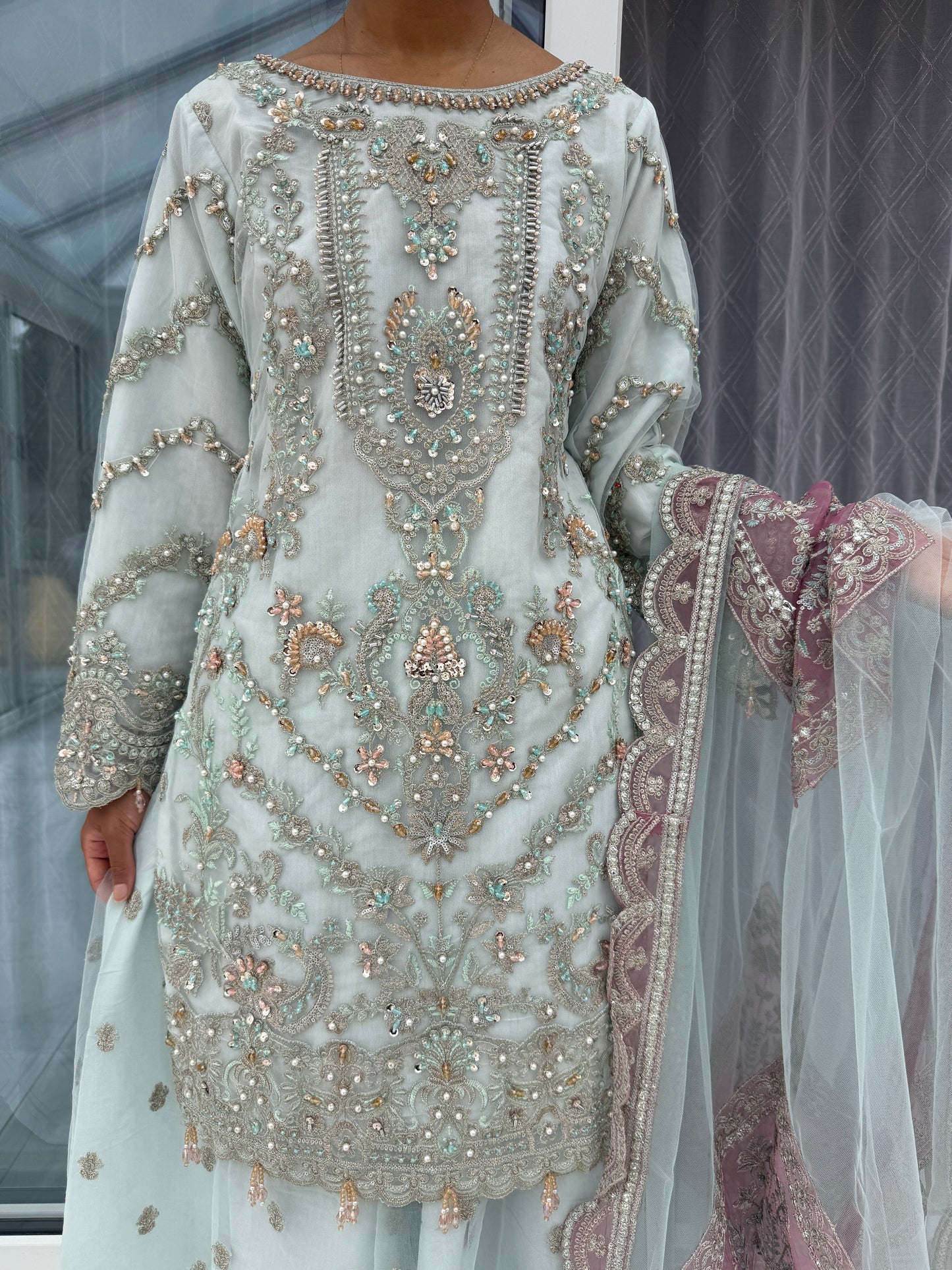 ISMA BLUE - Embroidered net kameez with sharara
