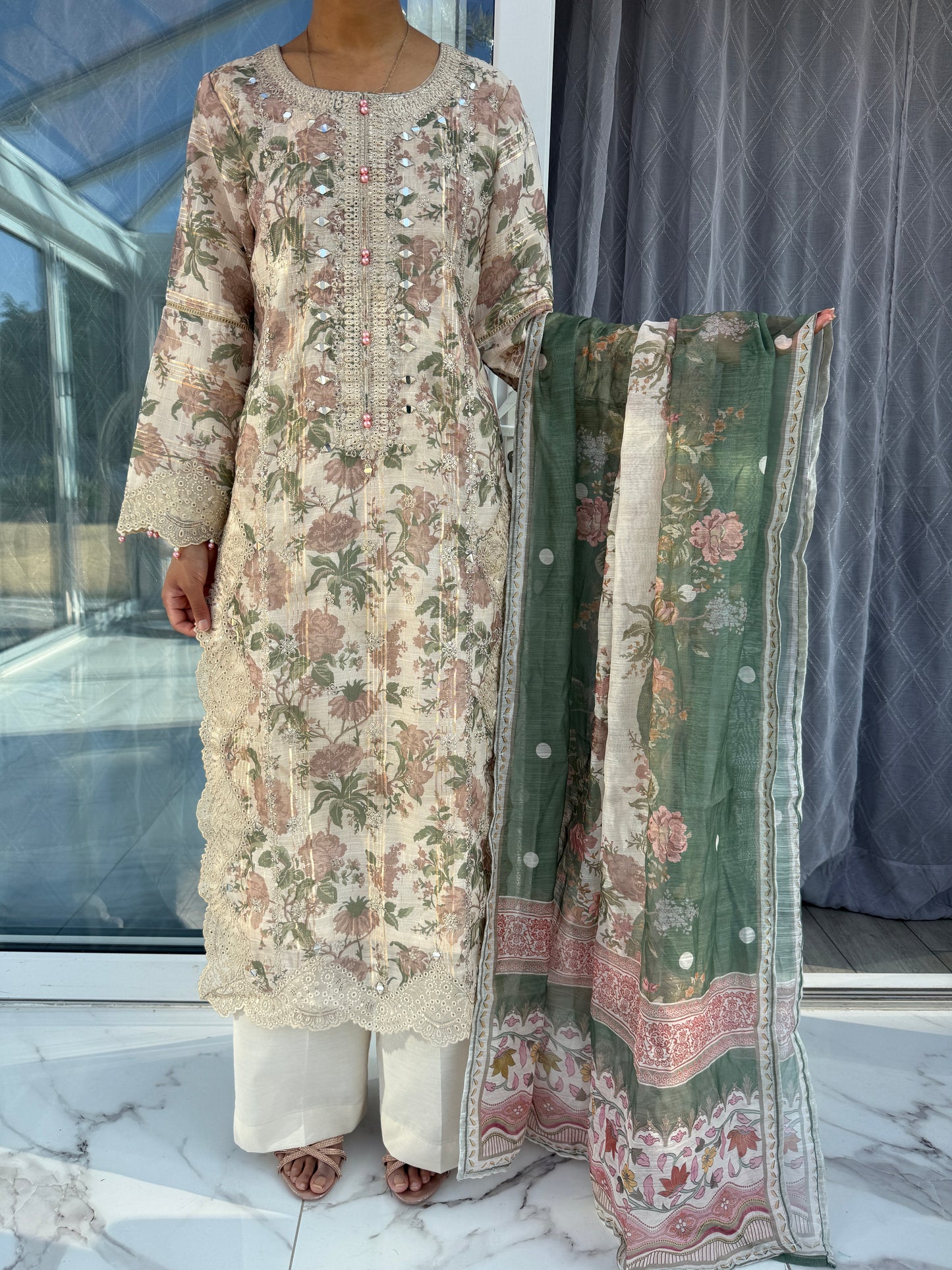 GULNAZ MOCHA- Embroidered and floral printed monar outfit with plazo