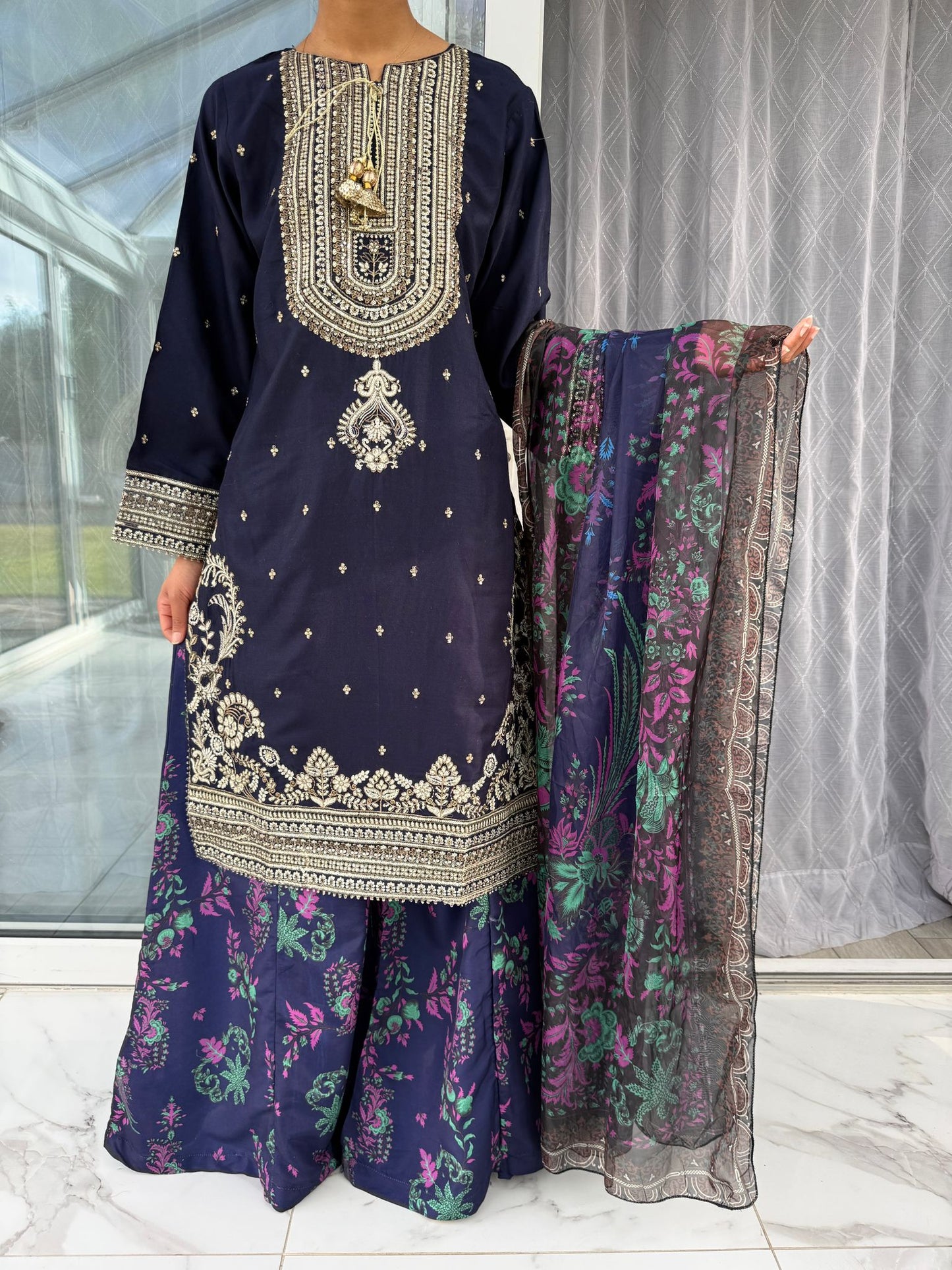 MEERAB NAVY BLUE - Embroidered linen kameez with Sharara