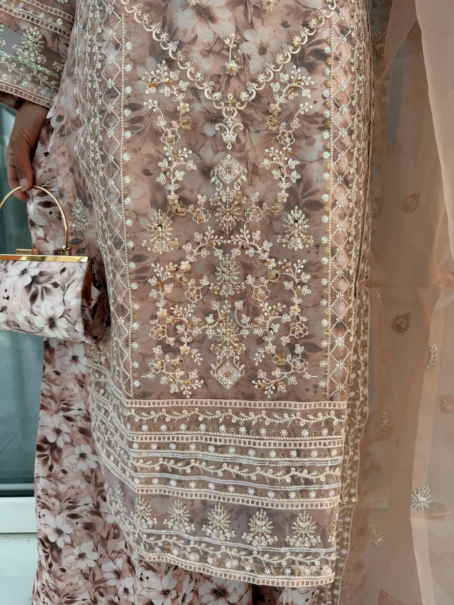 MINAL - Embroidered organza kameez with floral printed silk lining and Sharara