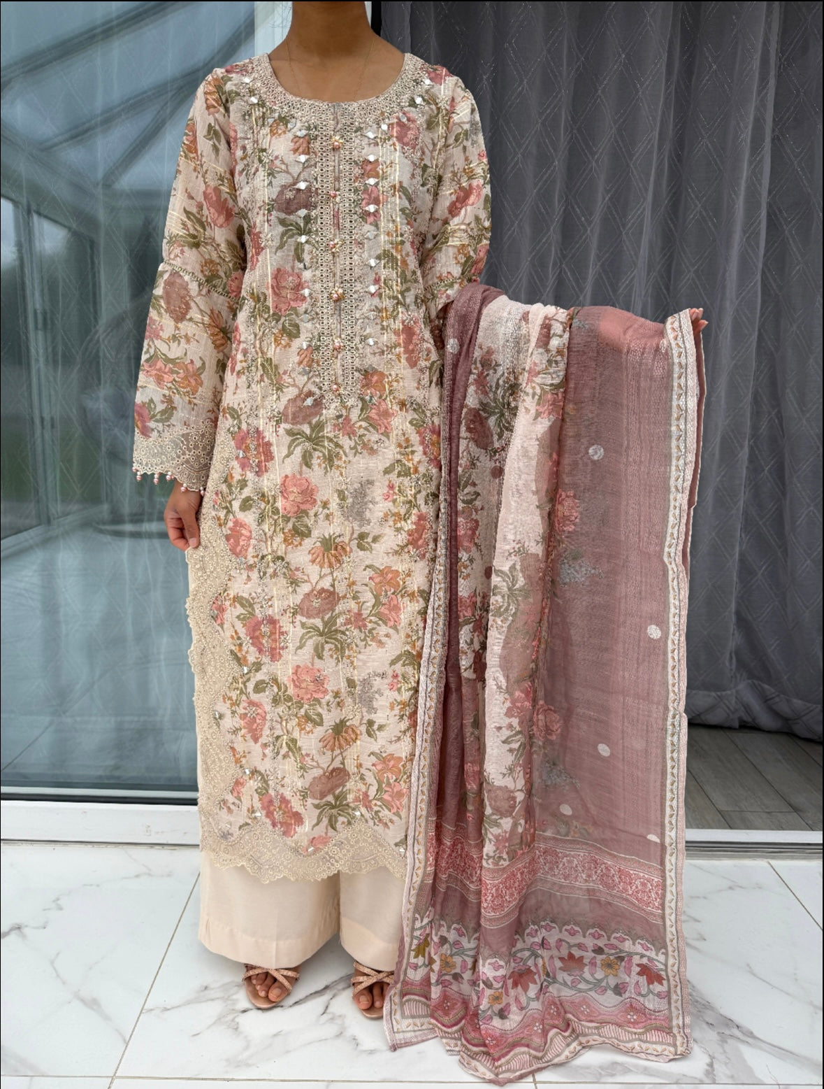 GULNAZ - Embroidered floral printed monar outfit with plazo (peach flowers)
