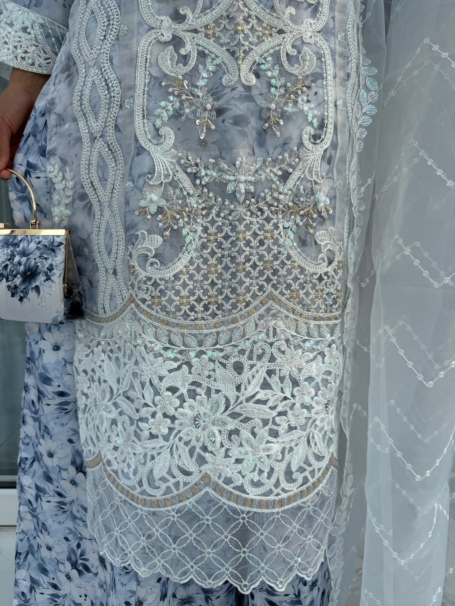 MINAL - Embroidered organza kameez with floral printed silk lining and Sharara