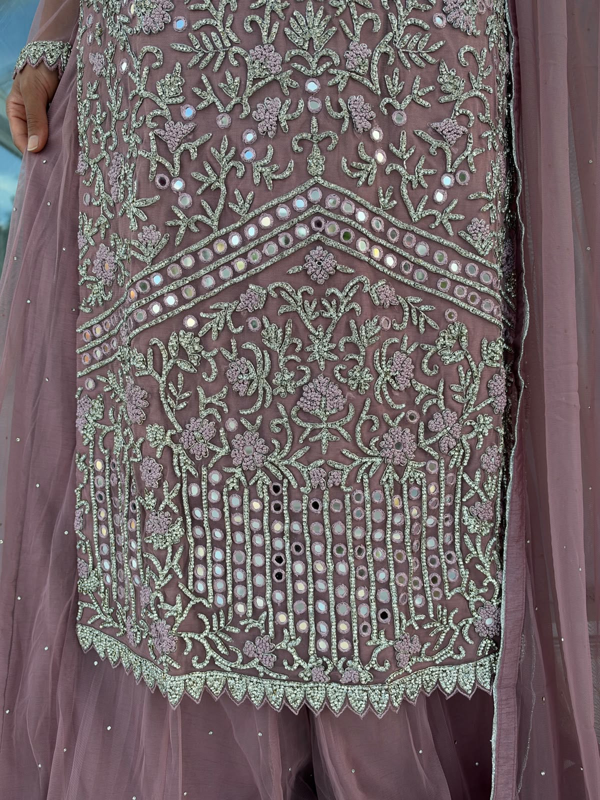 HANA - Intricately diamanté embellished net kameez with sharara