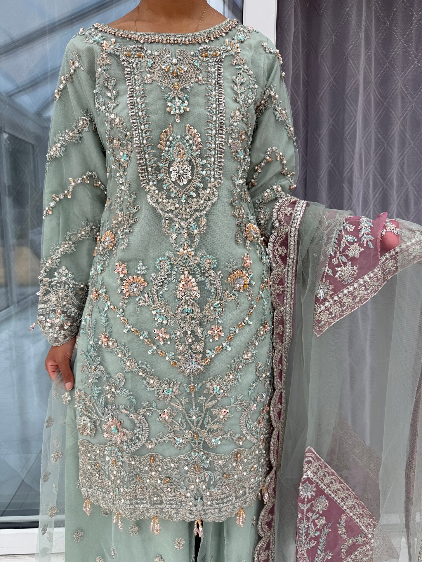 ISMA GREEN - Embroidered net kameez with sharara