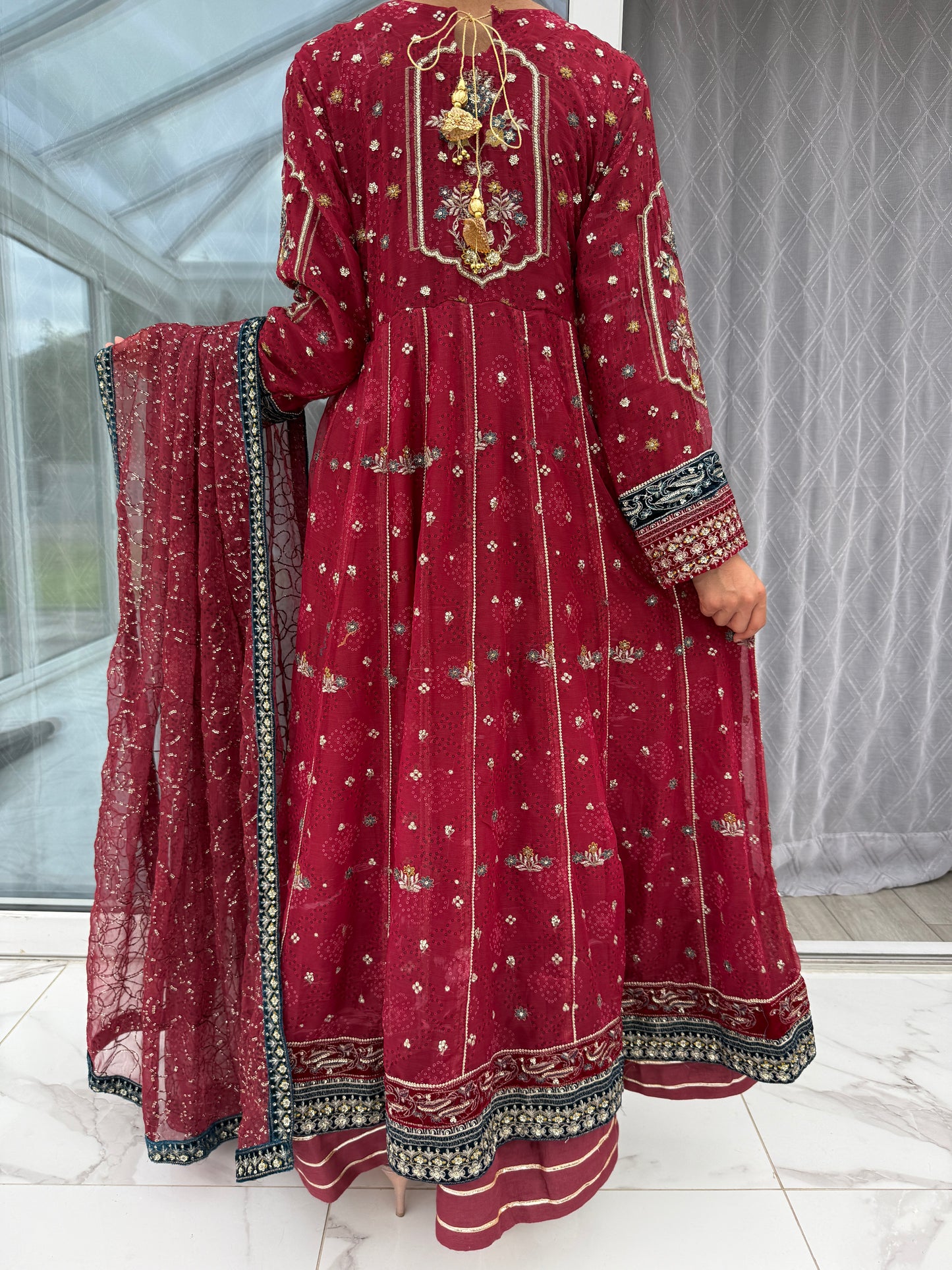 RANI MAROON - Embroidered double layered partywear dress