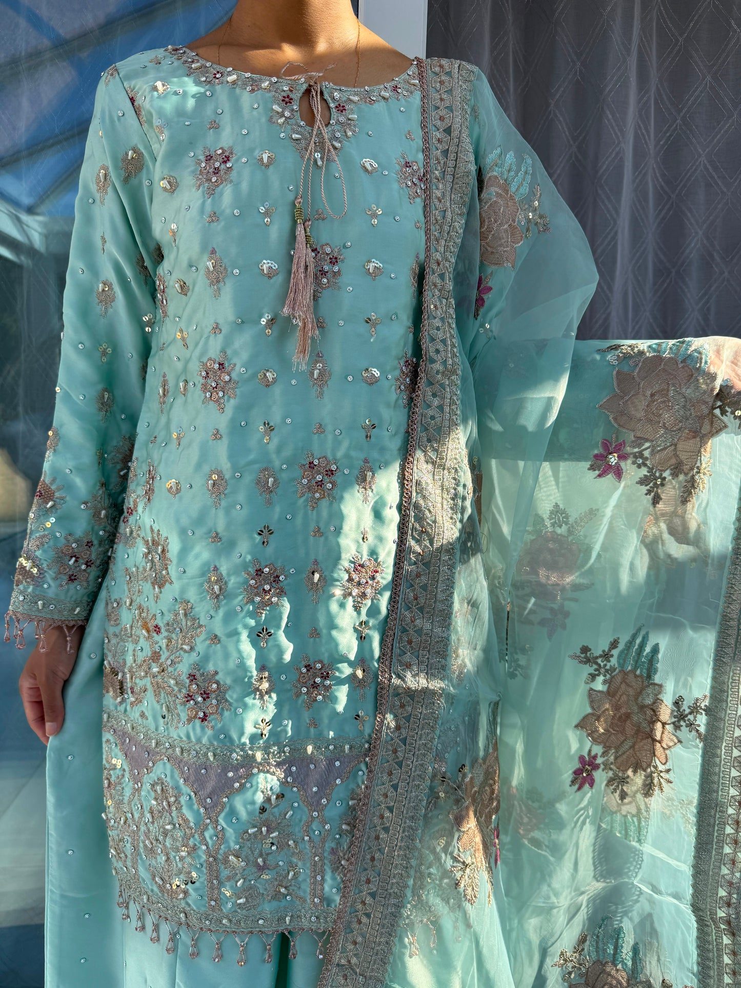SAMAN - Embroidered silk kameez with sharara and dupatta