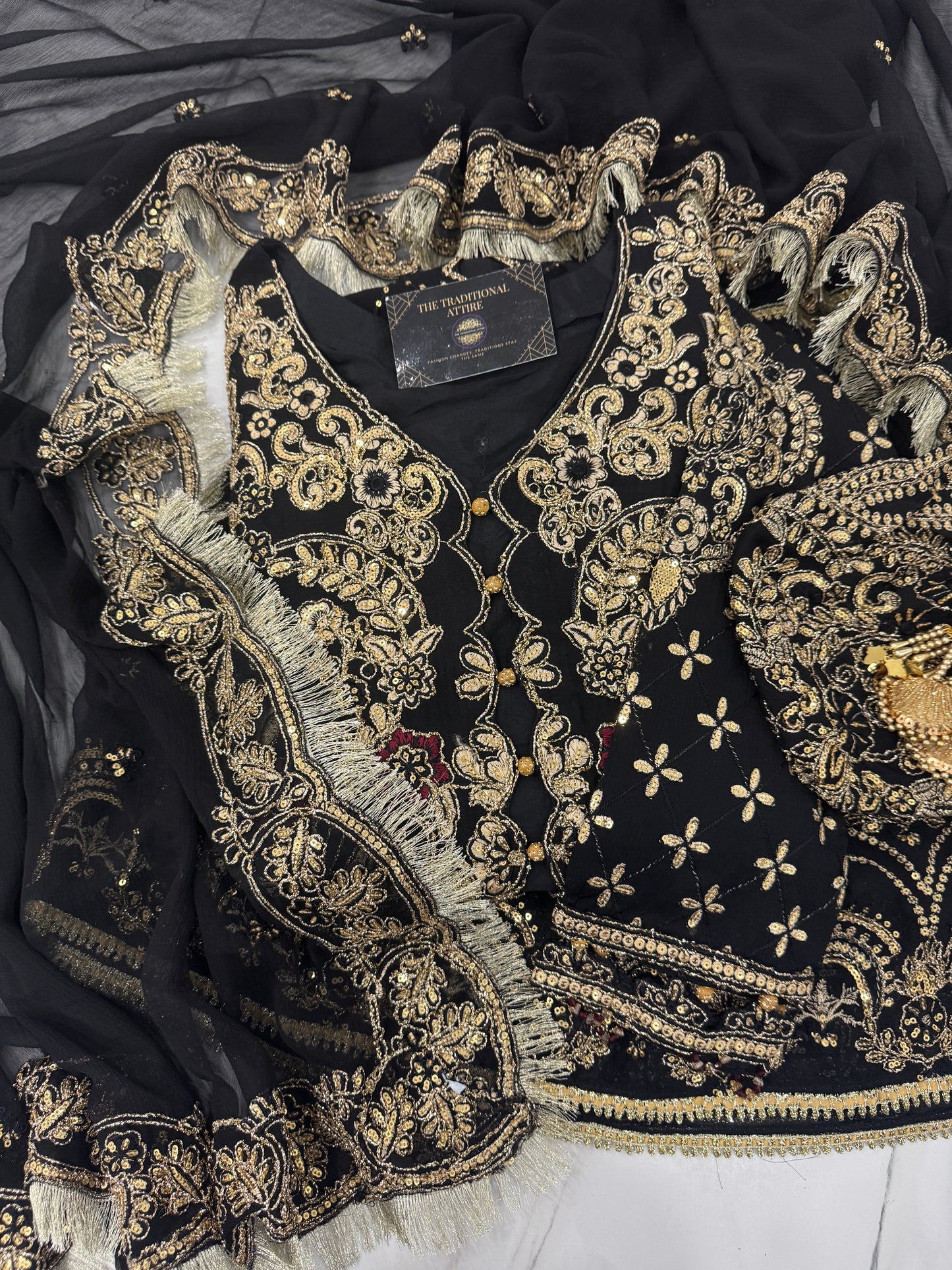 HUSN - Embroidered chiffon readymade outfit with Farshi gharara