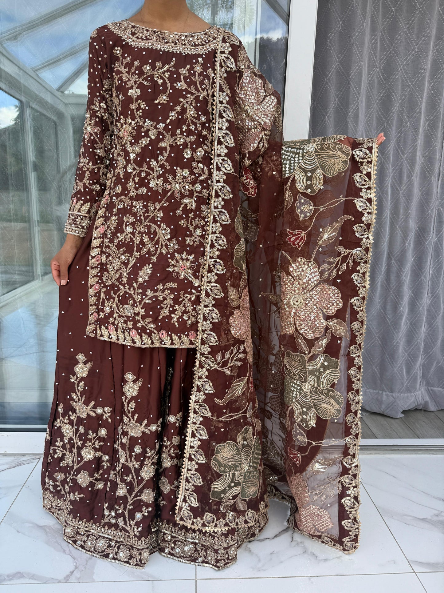 KHAANI BROWN - Embroidered silk kameez with Sharara