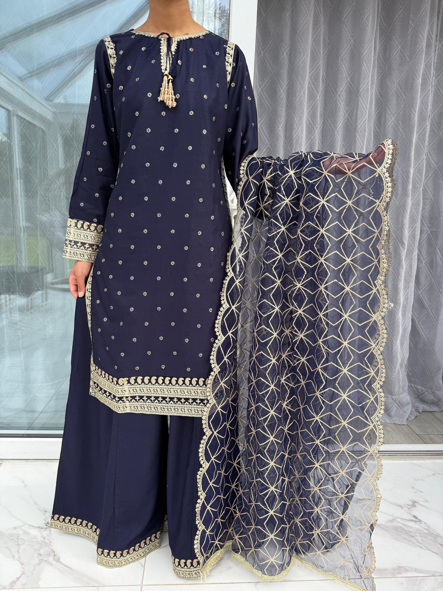 CELINE NAVY BLUE - Embroidered summer linen kameez with kali Sharara