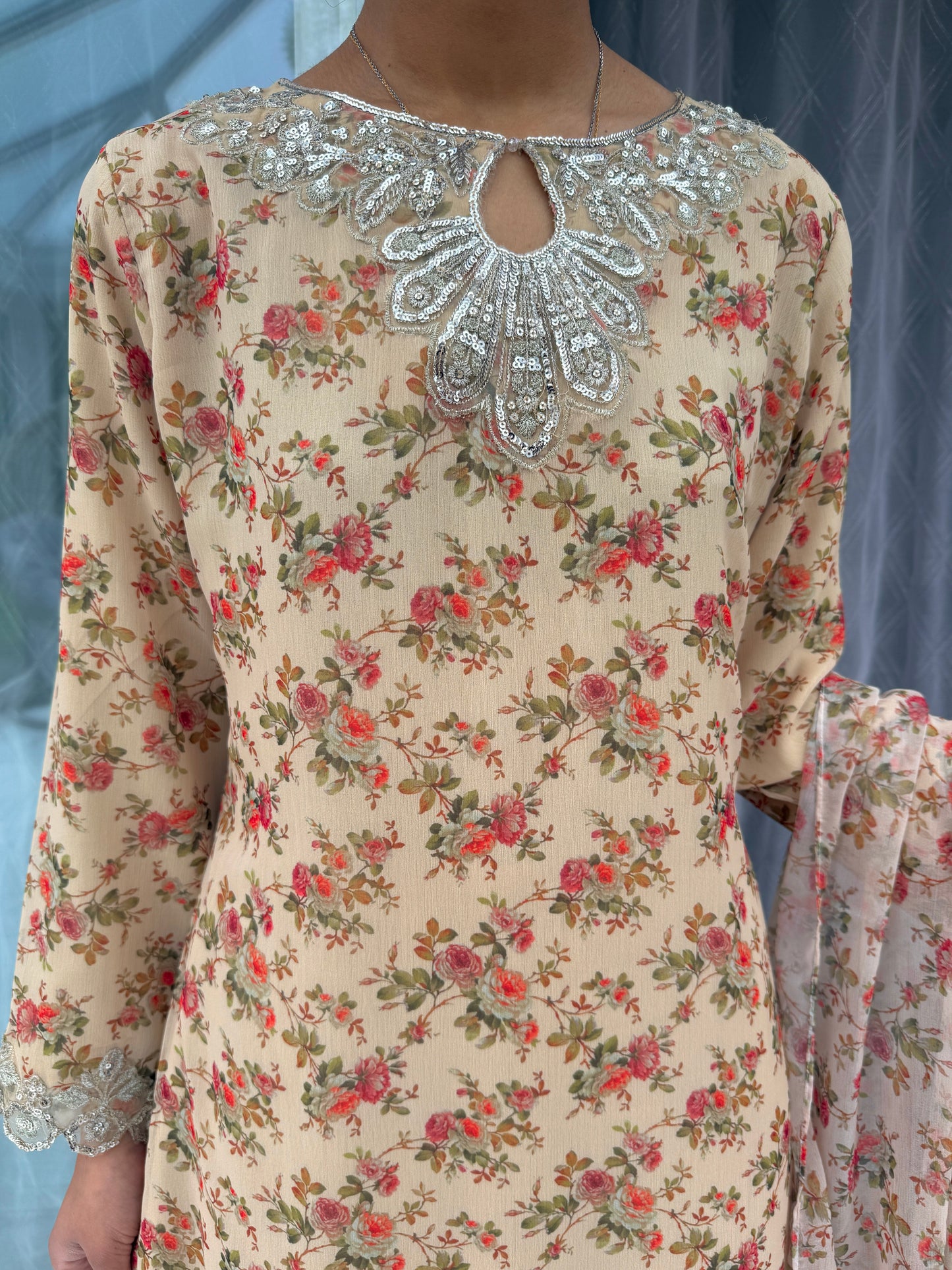 BAROQUE LUX - Embroidered and printed chiffon tiered gharara