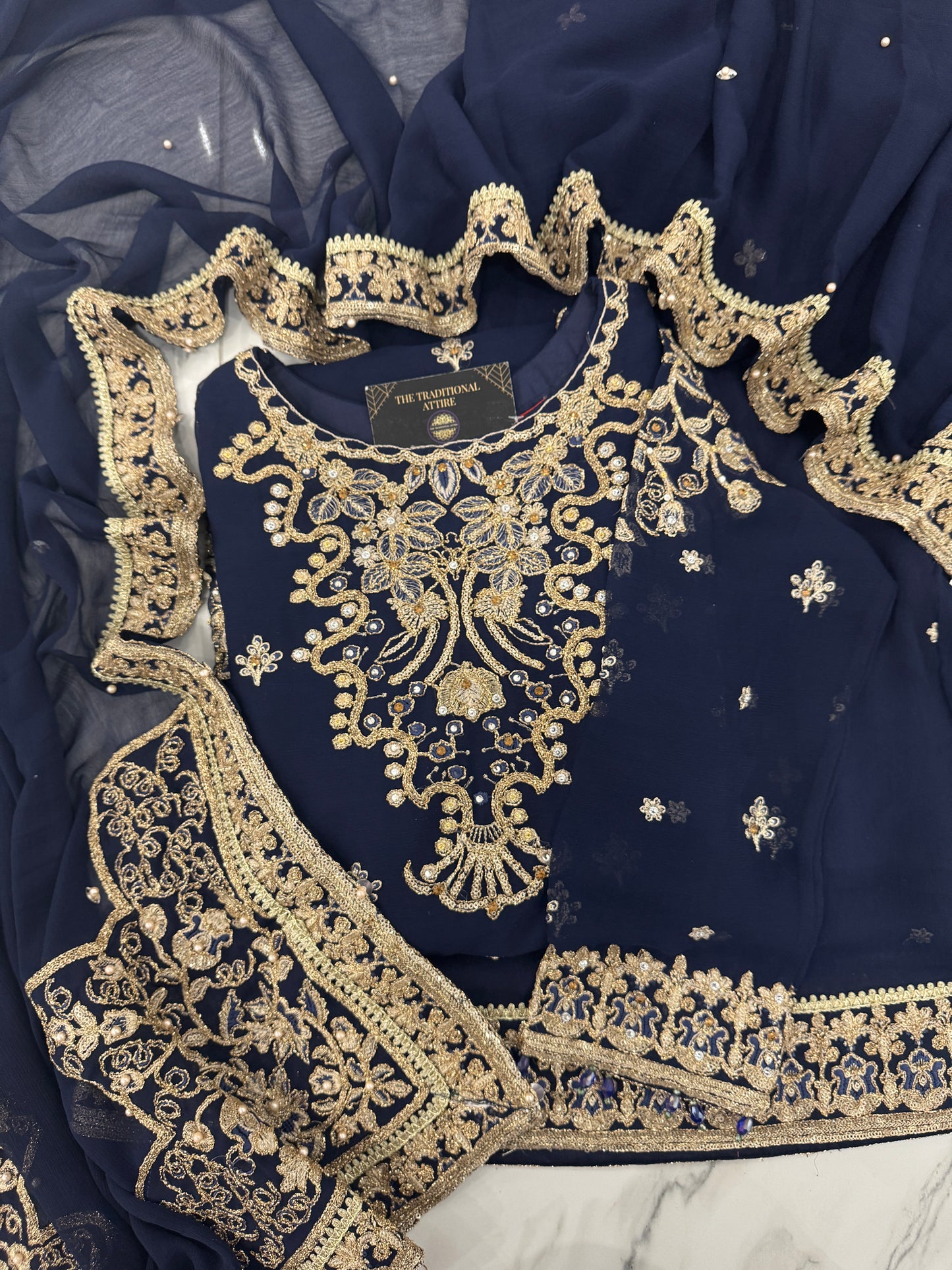 QAMAR - Embroidered chiffon readymade outfit with Sharara