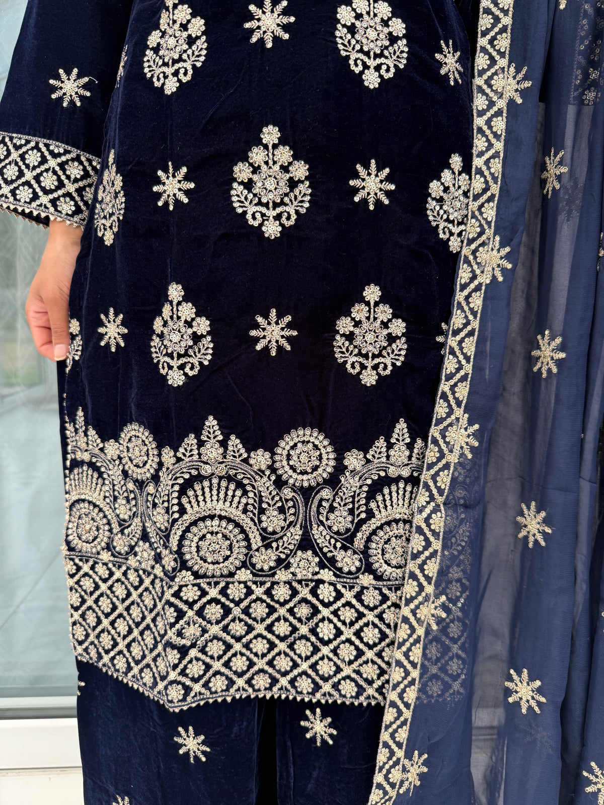 RIMSHA NAVY BLUE - Embroidered velvet collection with plazo and chiffon Dupatta