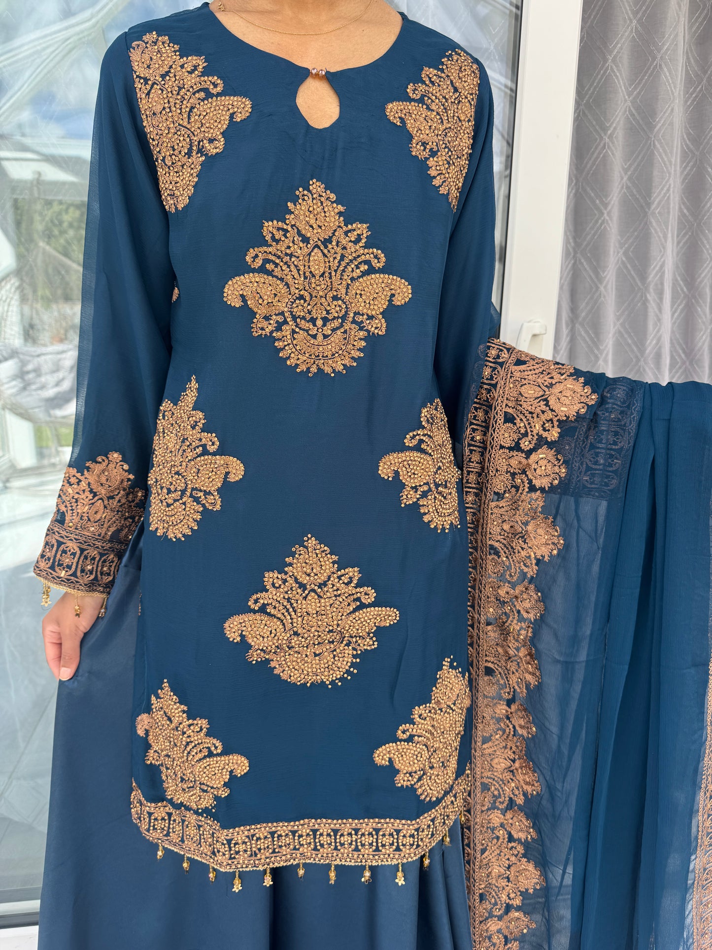 HASEENA - Embroidered chiffon kameez with diamante & silk sharara