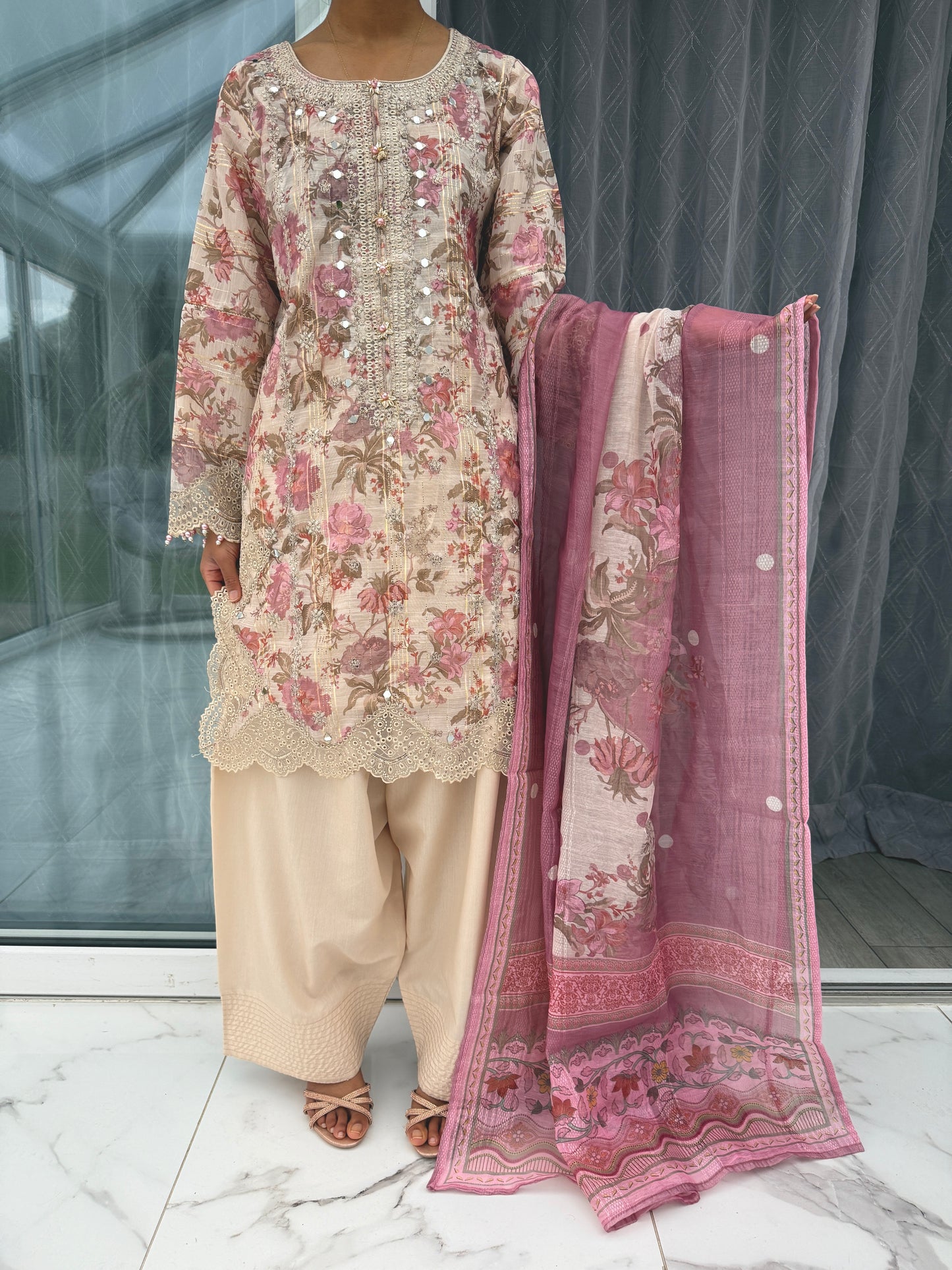 GULNAZ - Emroidered floral monar outfit with farshi shalwar (pink flower)
