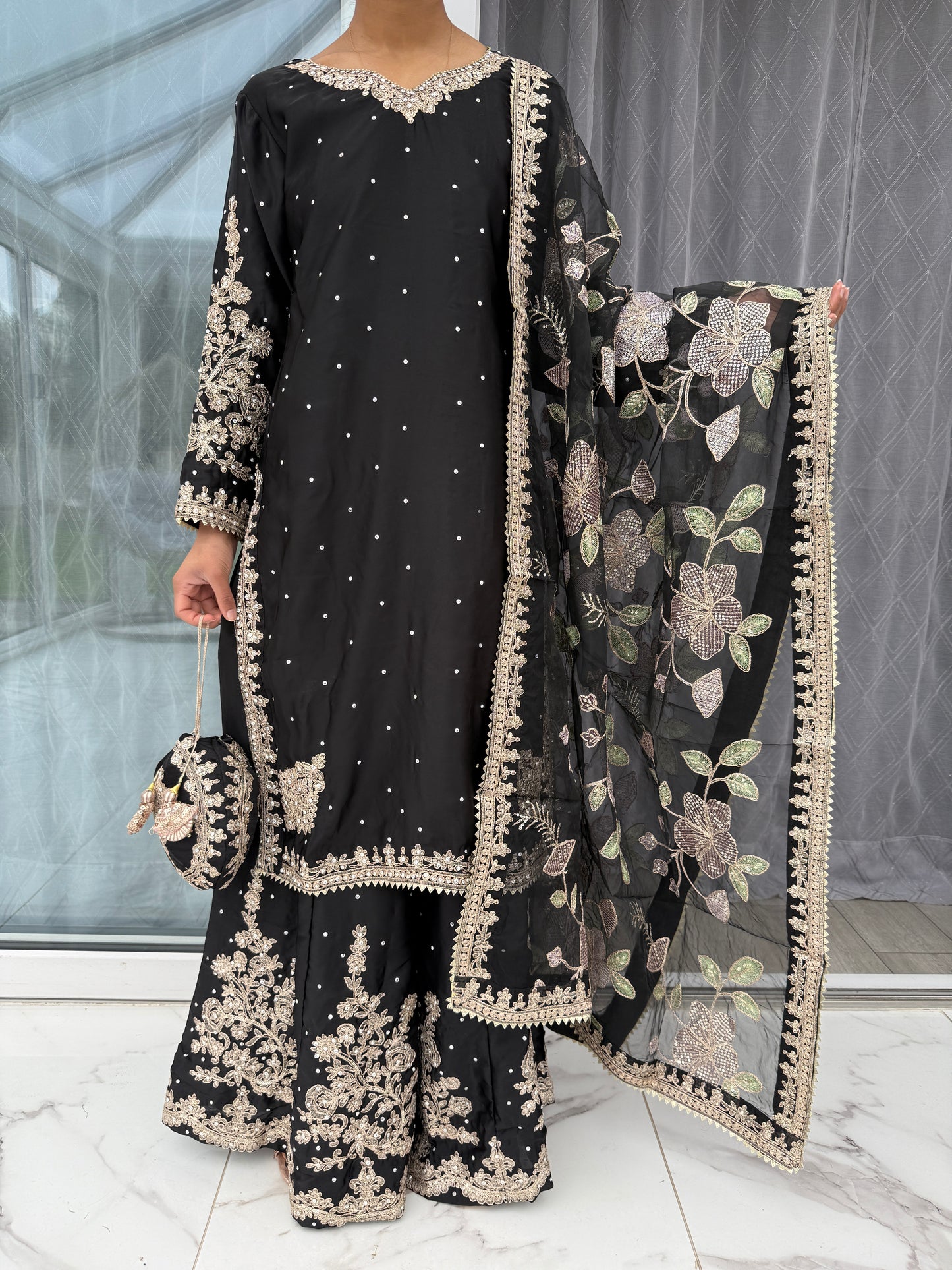 KASHISH BLACK - Embroidered silk kameez with sharara