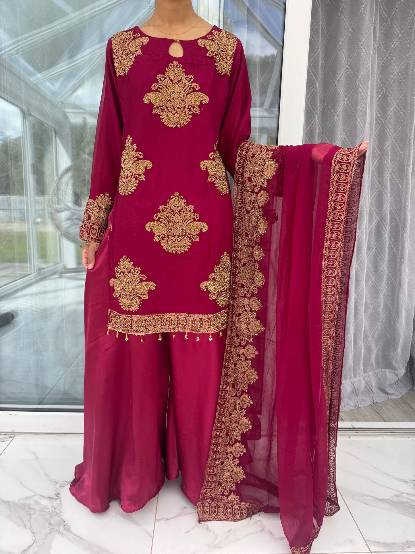HASEENA PINK - Embroidered chiffon kameez with diamante & silk sharara
