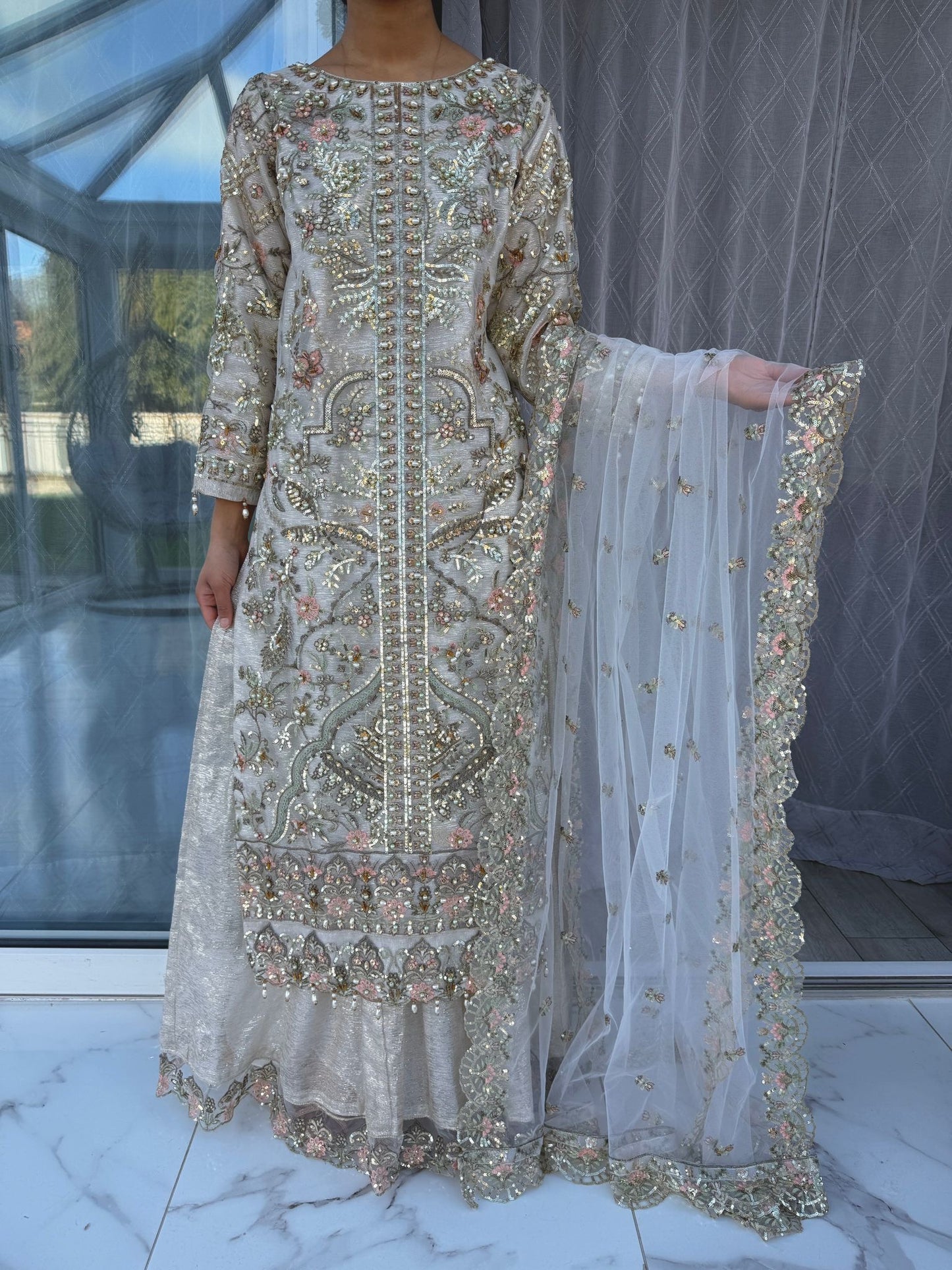 ALAIRA WHITE - Handwork embellished net outfit with sharara