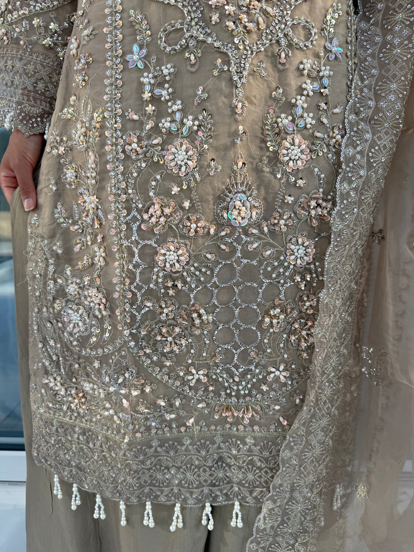 ANIQA MOCHA - Embroidered organza kameez with handwork and Kali Sharara