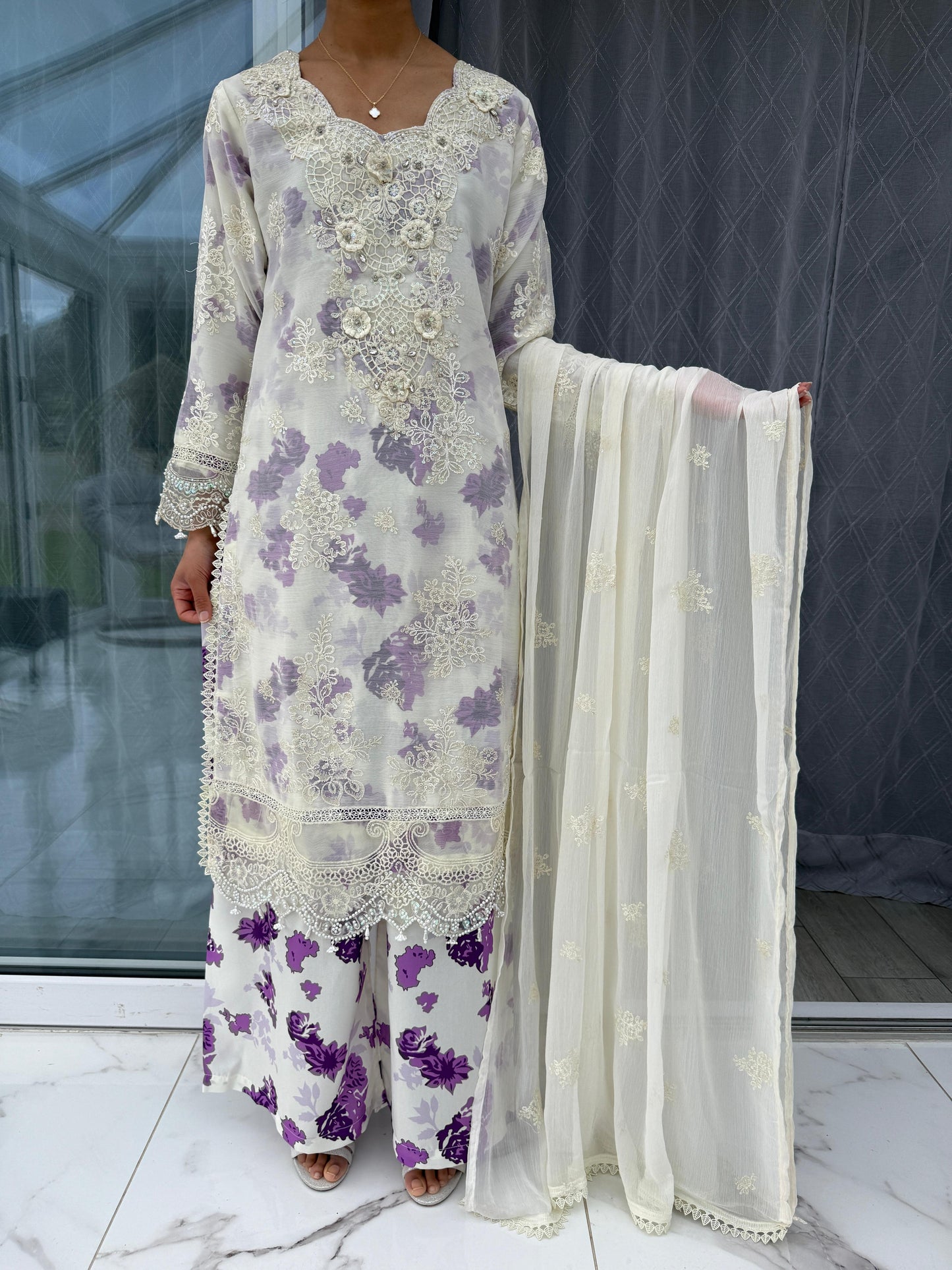 AHANA - Embroidered chiffon kameez with plazo/dupatta