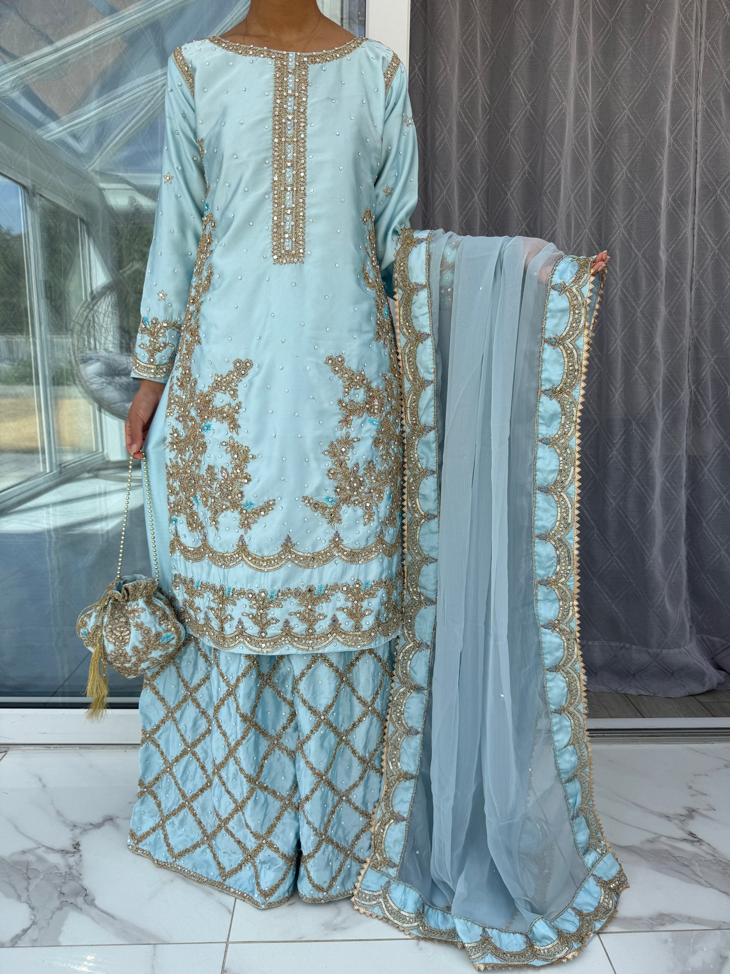 JAAN - Embroidered silk kameez with Sharara