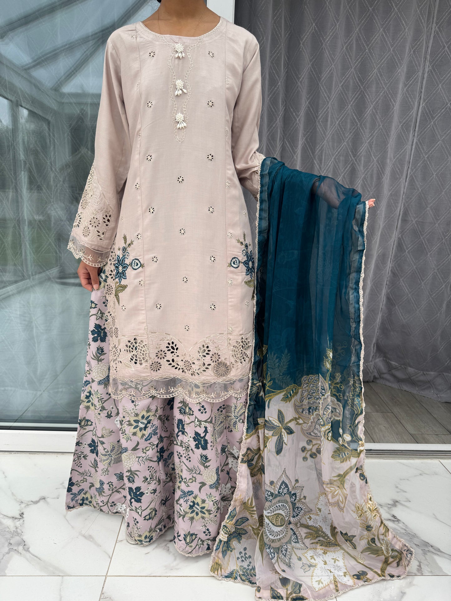 AMNA - EMBROIDERED LINEN KAMEEZ WITH SHARARA BEIGE