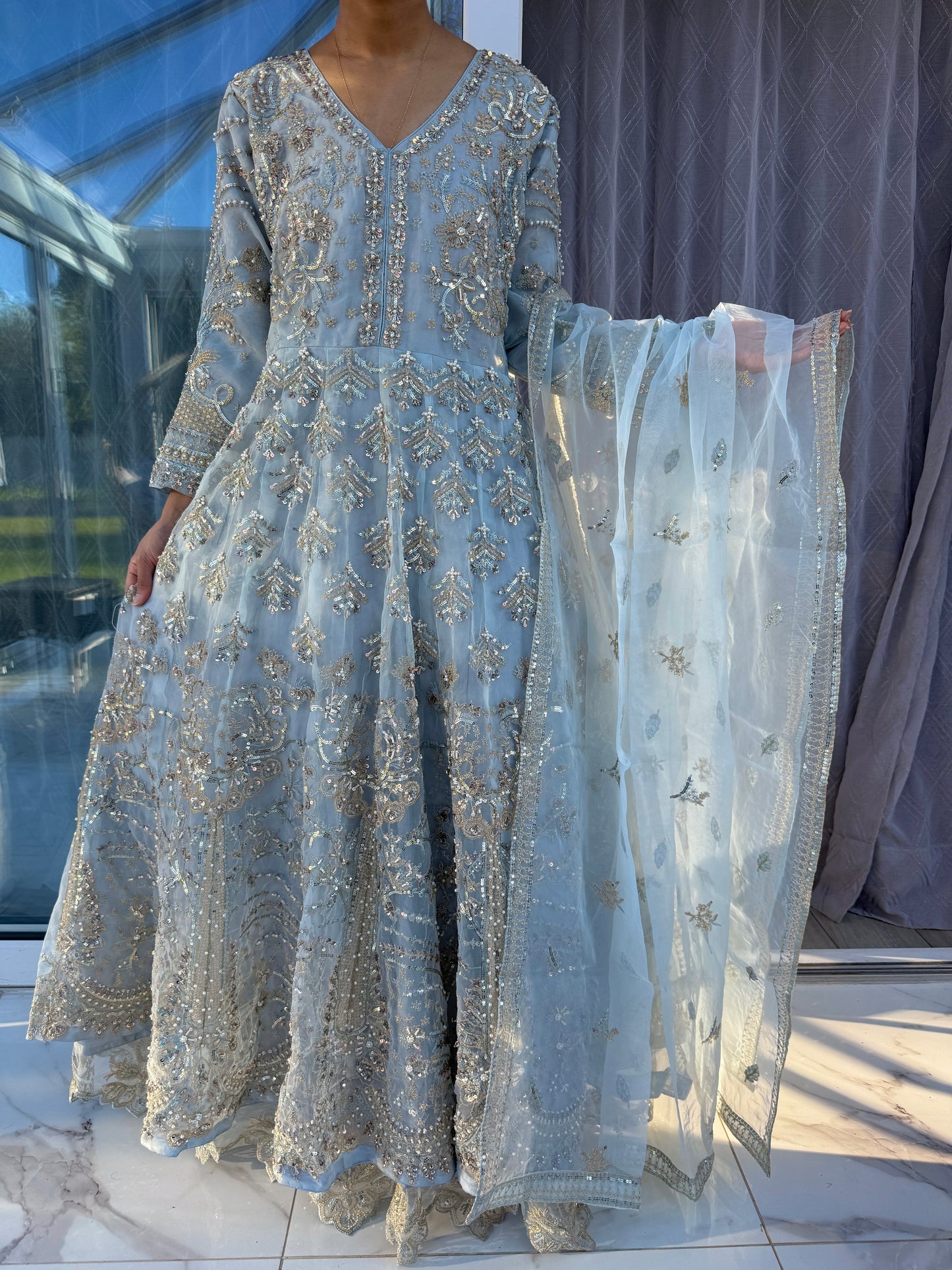 ALAMZEB - Embroidered double layered partywear maxi dress