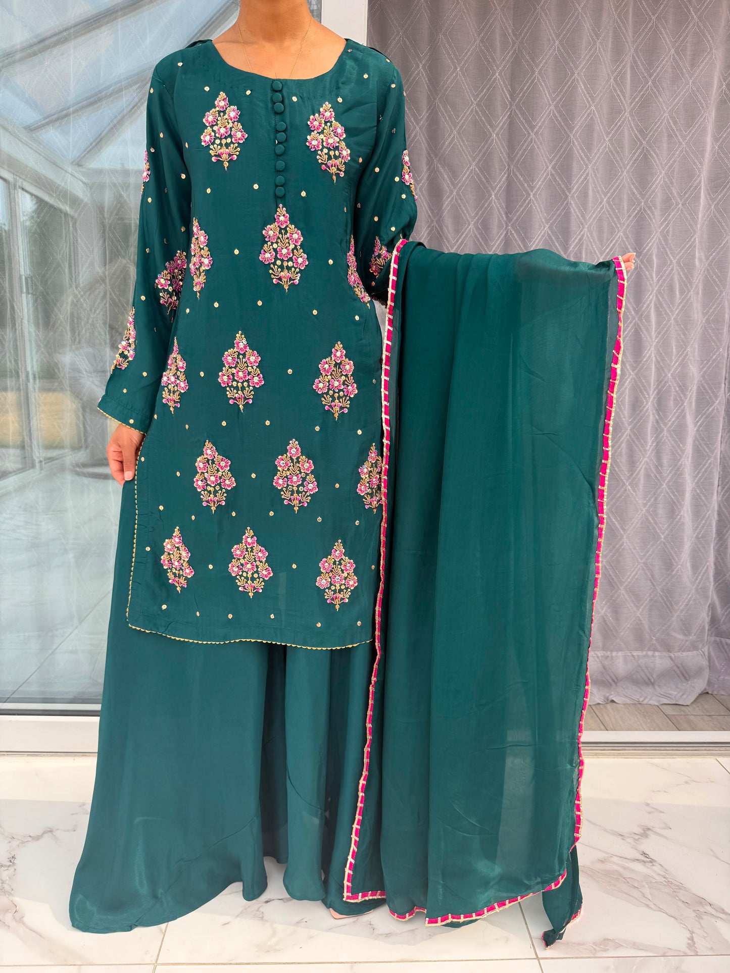 SANIYA - Sheesha silk kameez with handwork detailing and Sharara