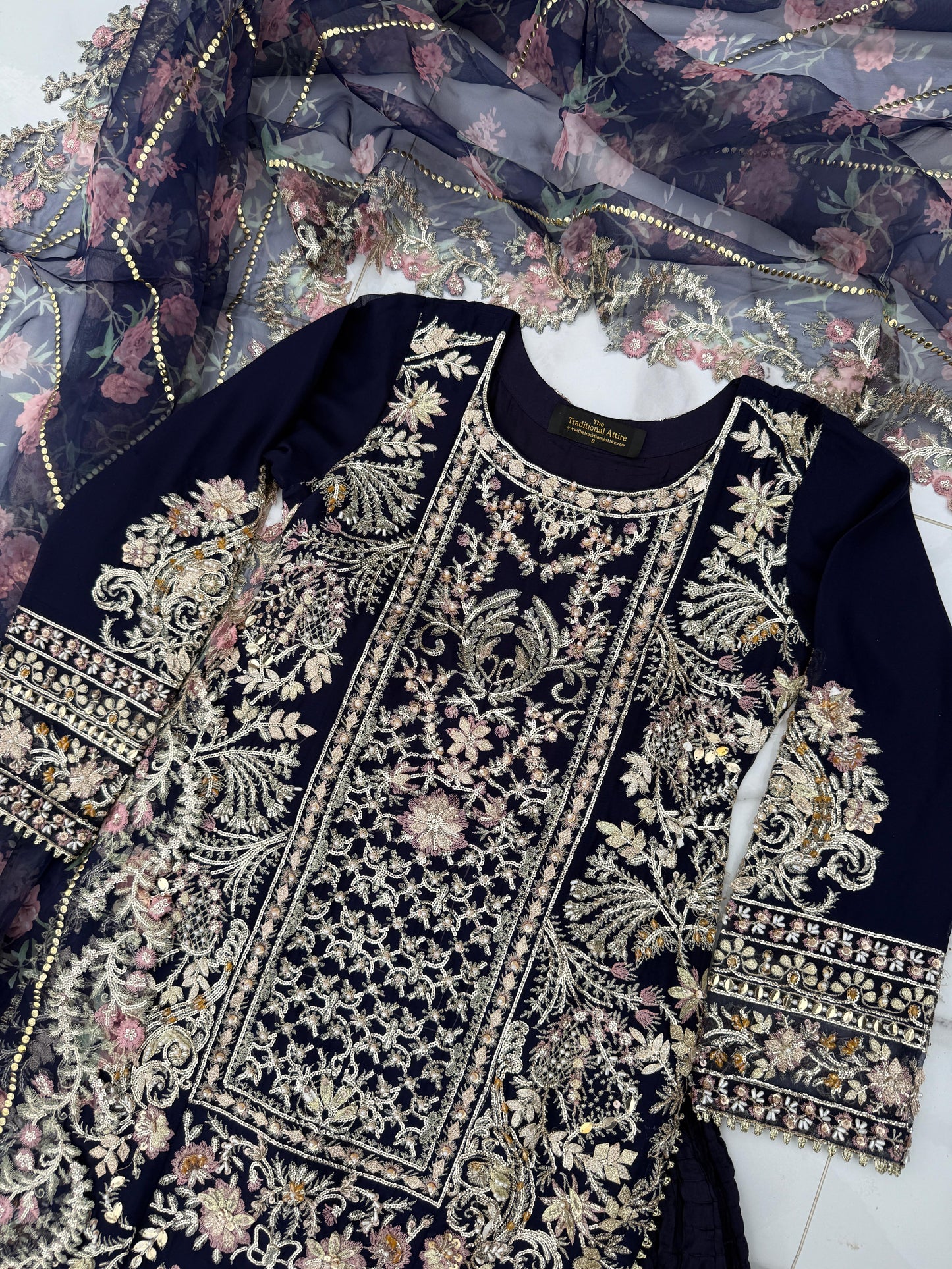 FALAK - Embroidered chiffon kameez with crushed sharara