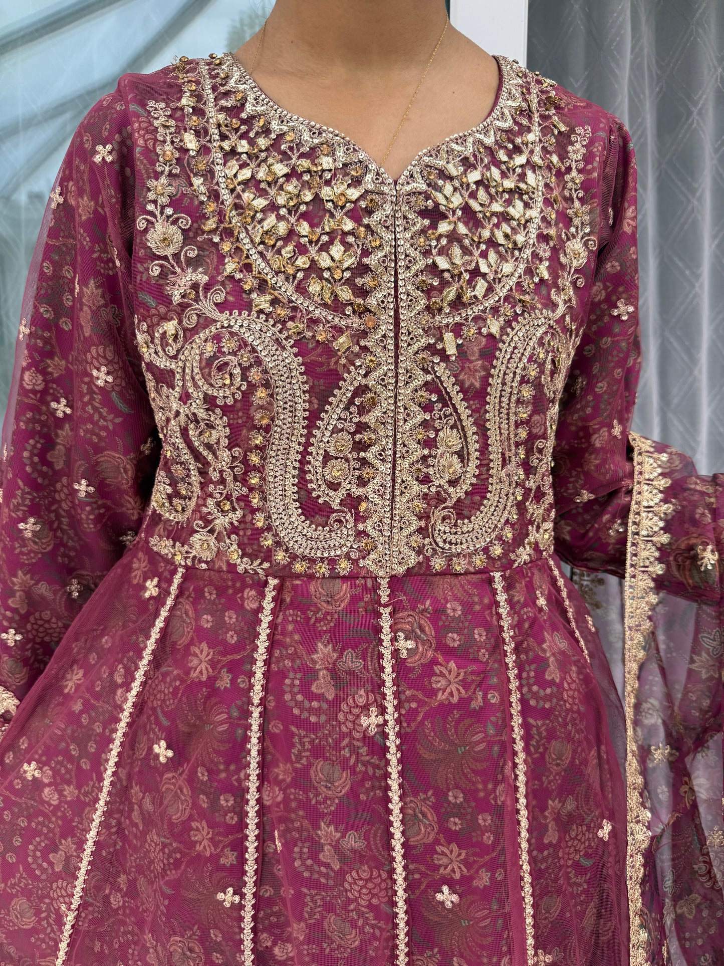 AMISHA - Embroidered net dress with floral silk lining