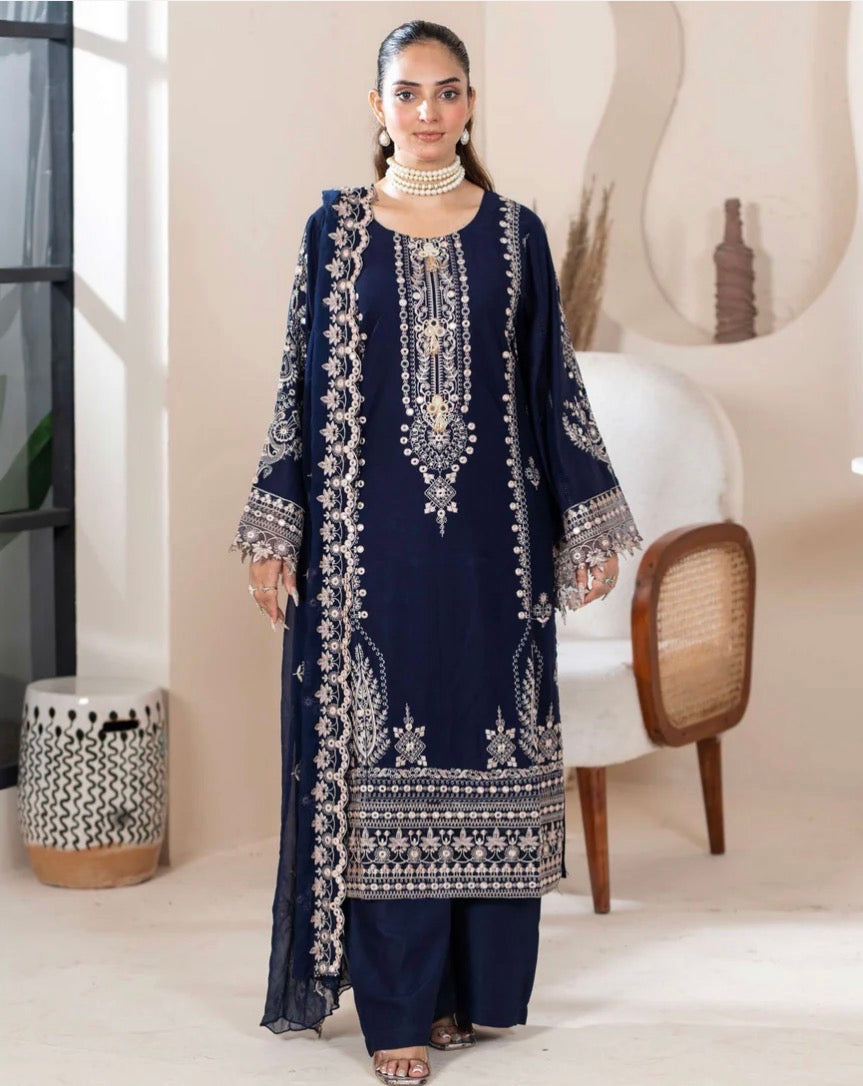 UNAIZA - Embroidered Dhanak collection with chiffon duppatta/plazo Navy blue