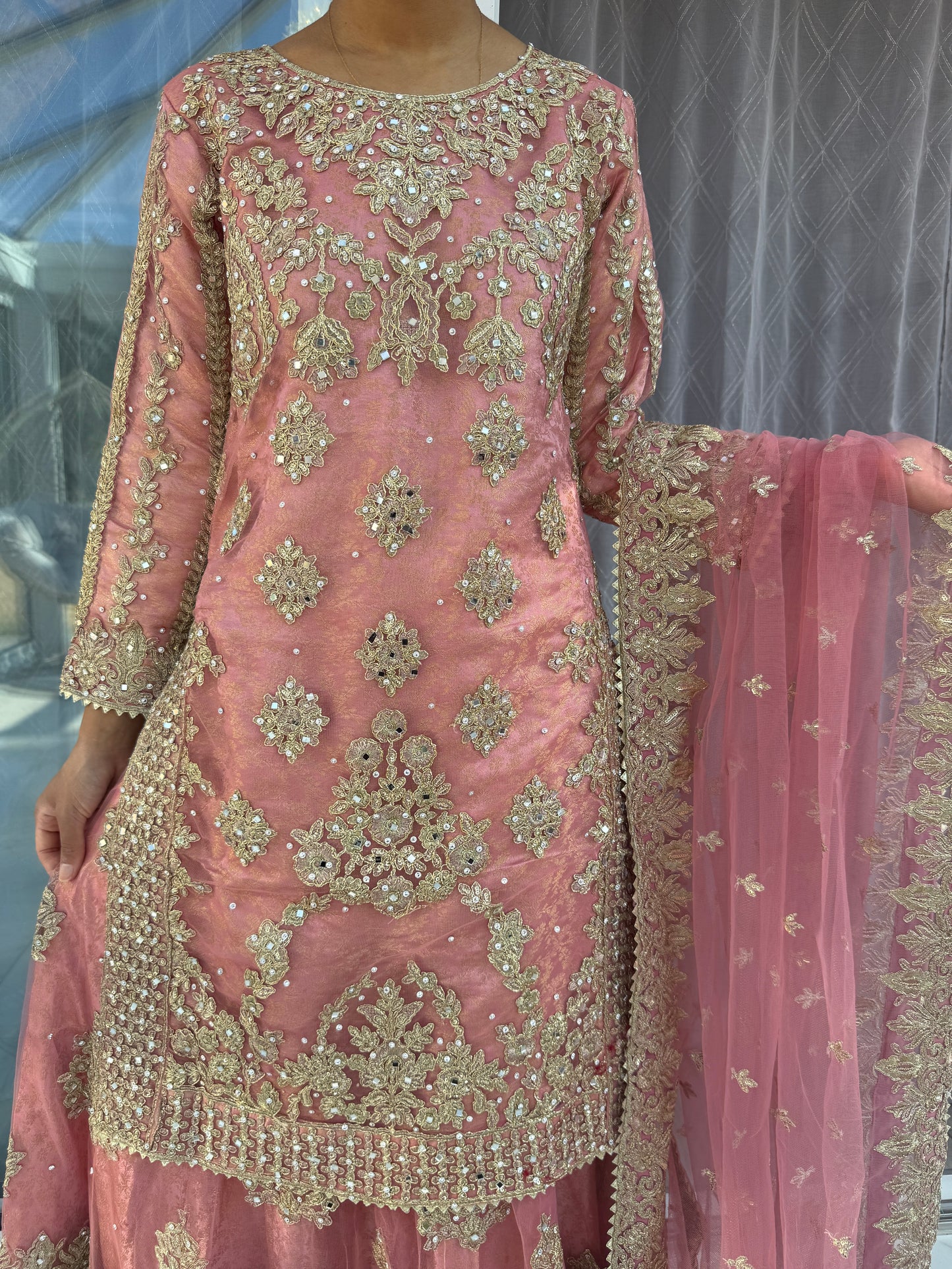 DUNIYA - Embroidered net kameez and lengha with brocade lining