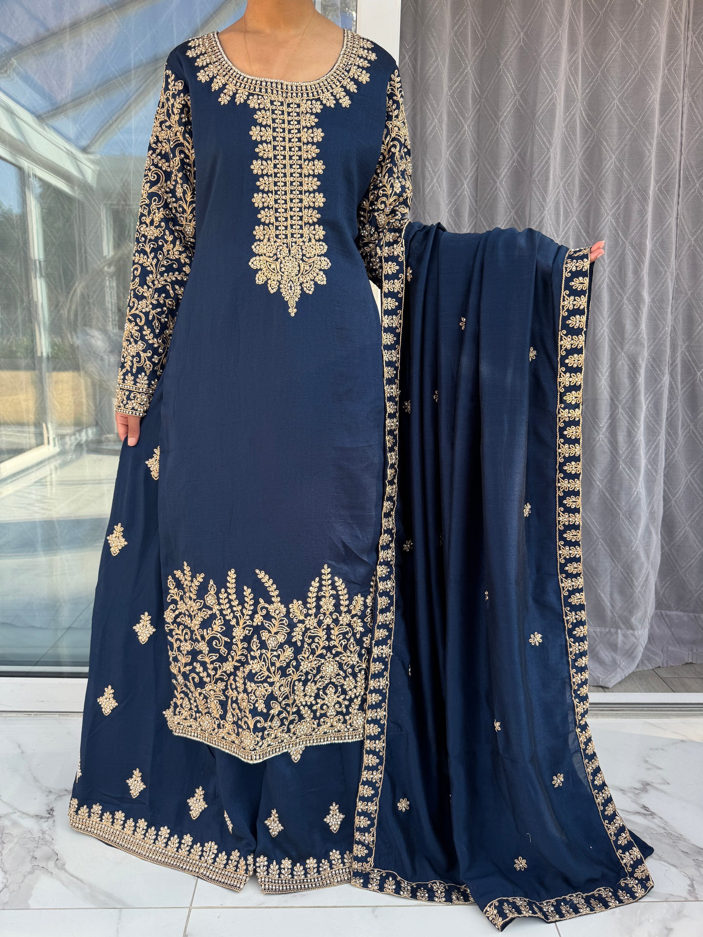 YASMIN BLUE - Embroidered raw silk kameez and sharara with diamanté