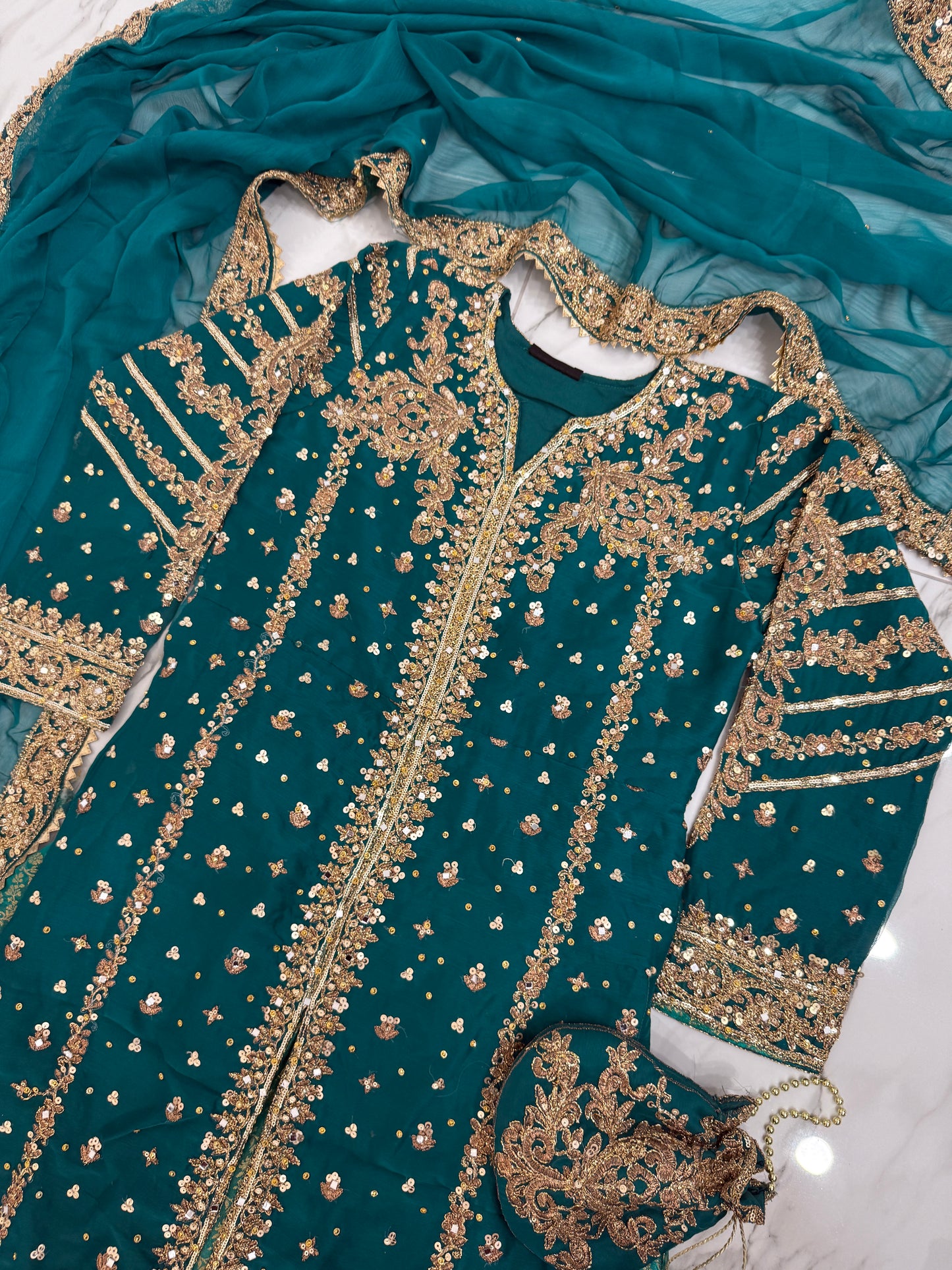 JANNAT TEAL - Embroidered chiffon kameez with brocade lengha
