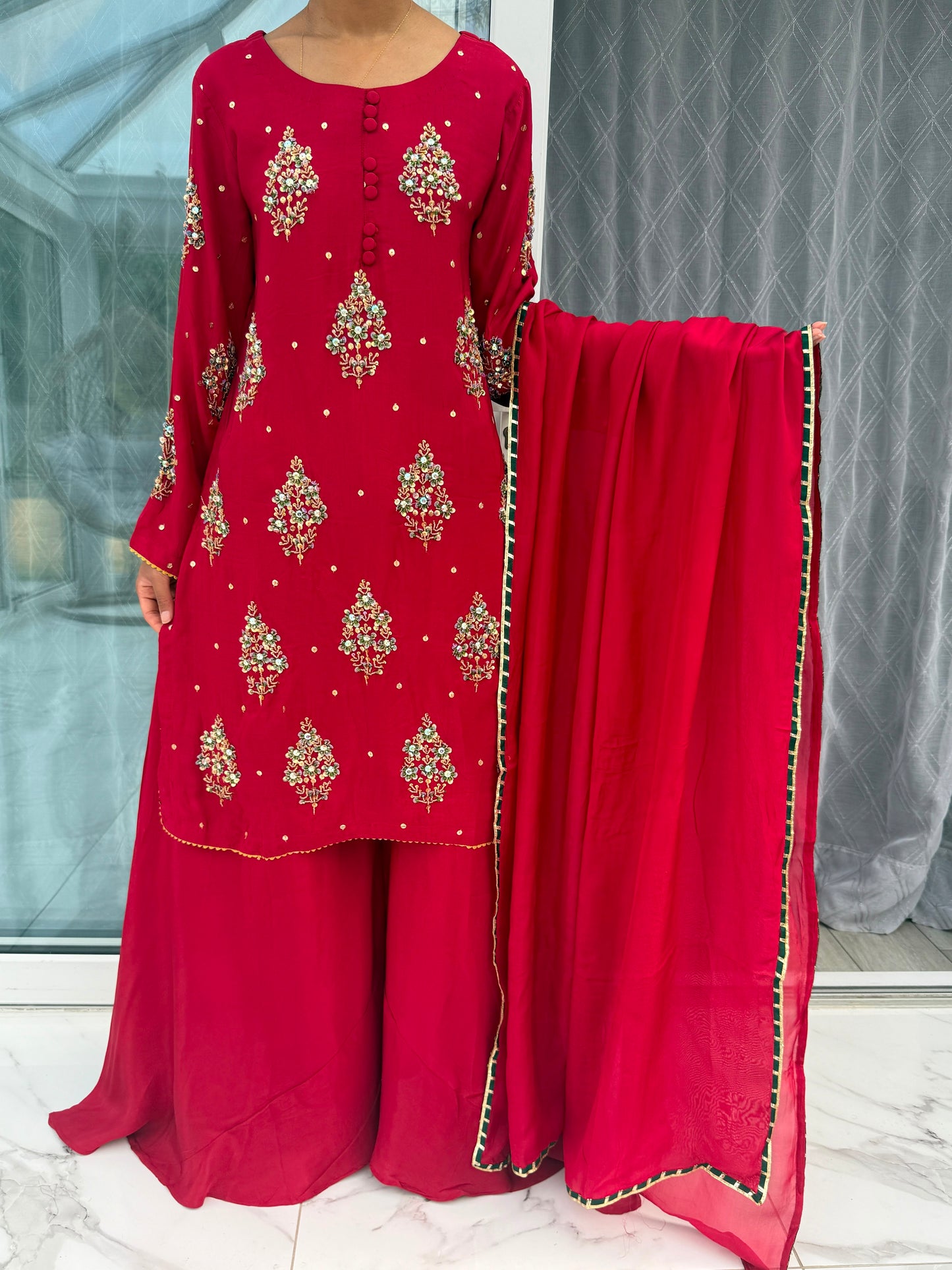 SANIYA RED- Sheesha silk kameez with handwork detailing and Sharara