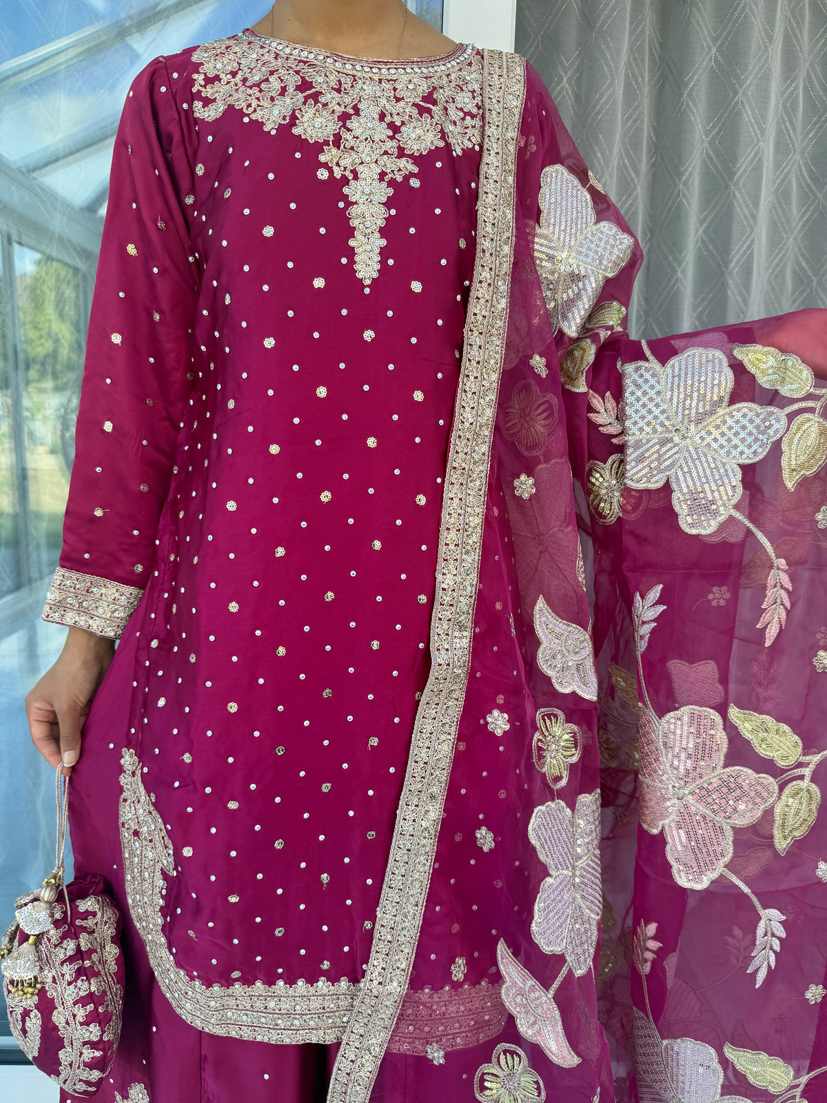 ZARYAB CERISE PINK - Embroidered silk kameez with Sharara