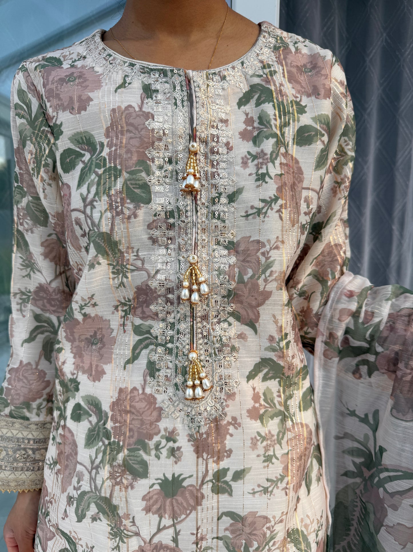 AYNAZ - Printed and embroidered monar kameez with tiered gharara (mocha flowers)