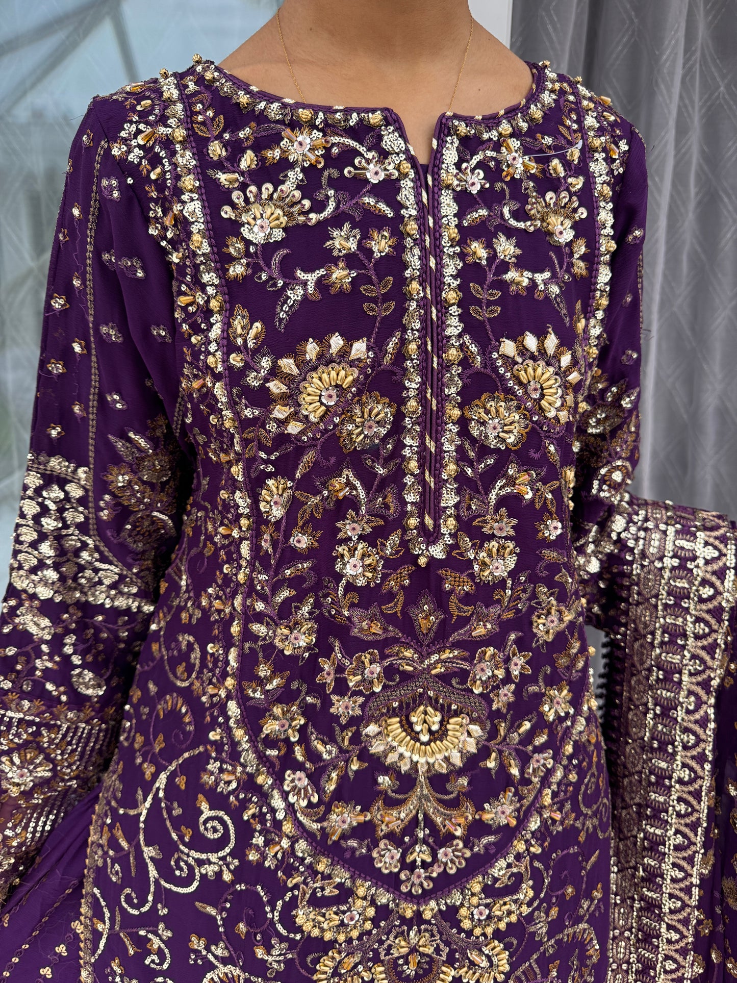 RAHAT PURPLE - Embroidered chiffon kameez with chiffon sharara and dupatta