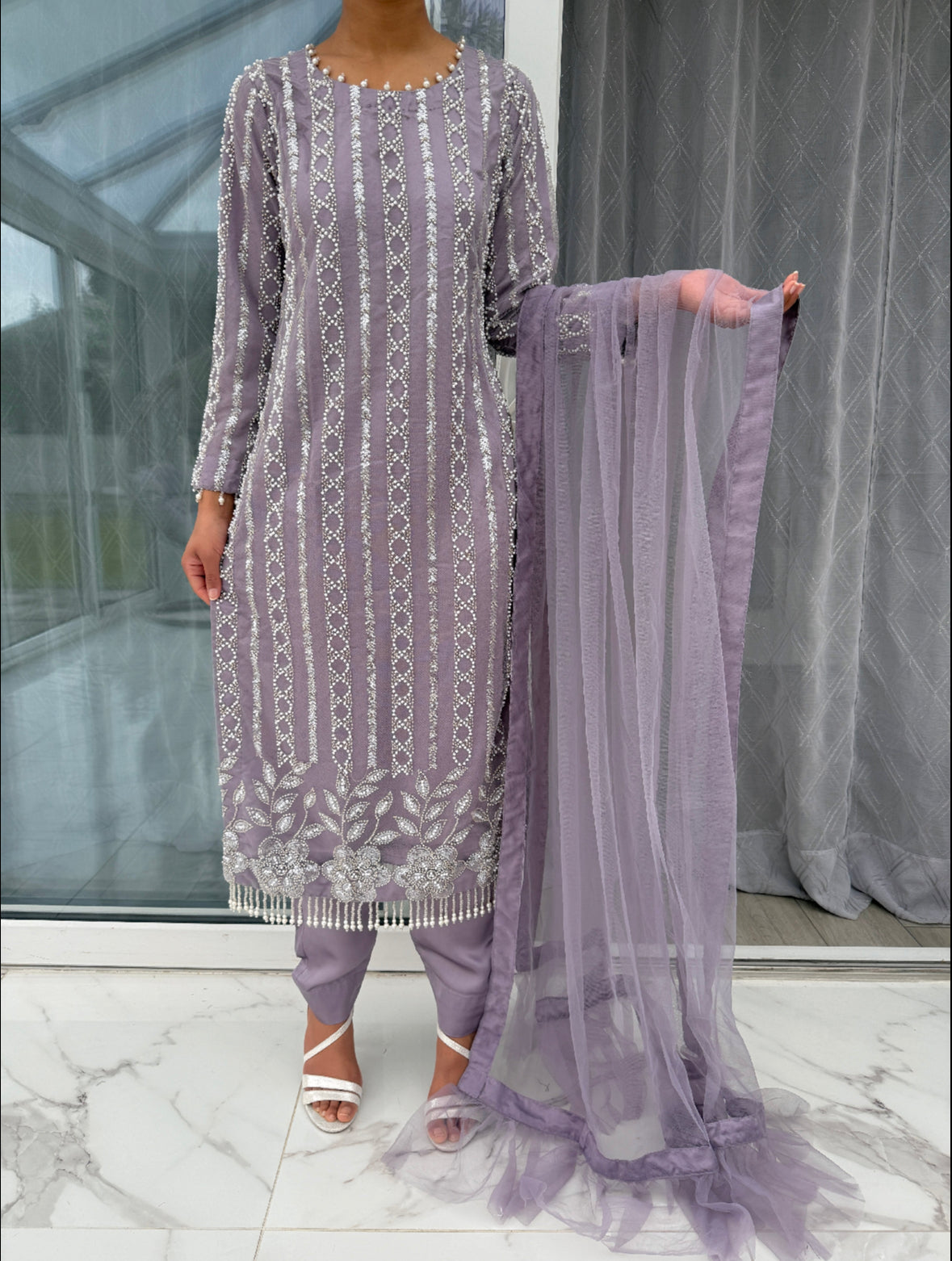 RIYA - Embroidered net kameez with pearl embellishments