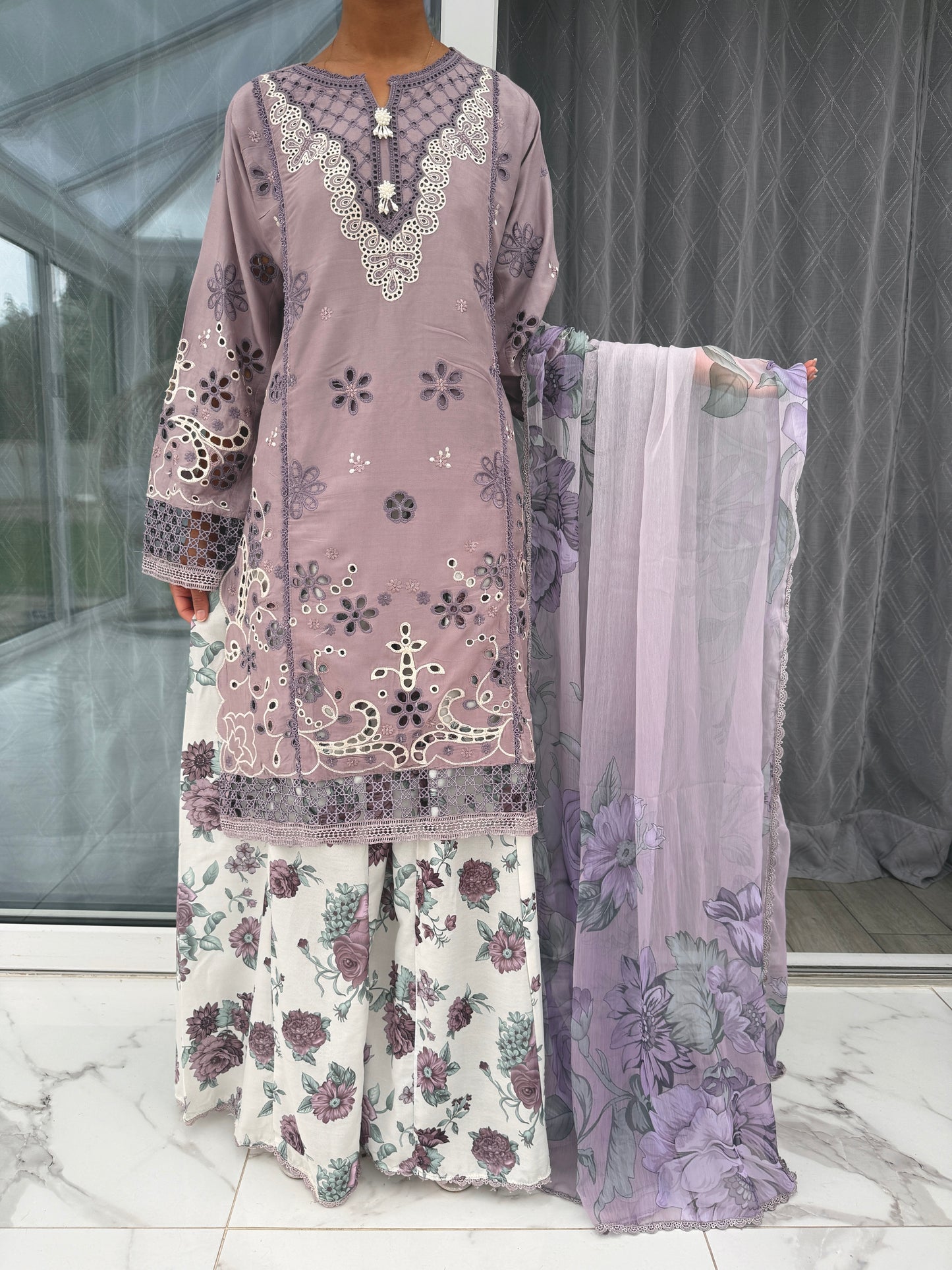YUMNA - EMBROIDERED LINEN KAMEEZ WITH SHARARA - EID OFFER
