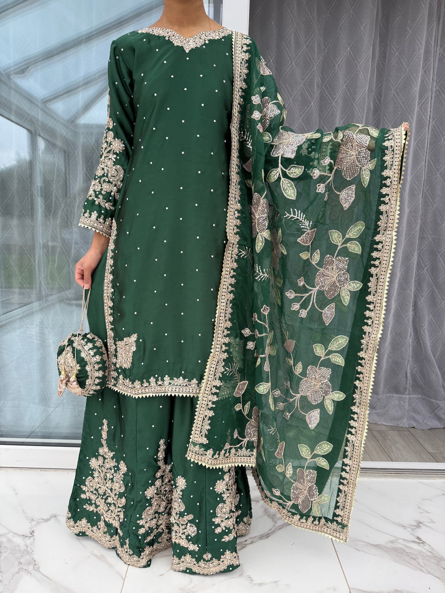 KASHISH GREEN - Embroidered silk kameez with sharara